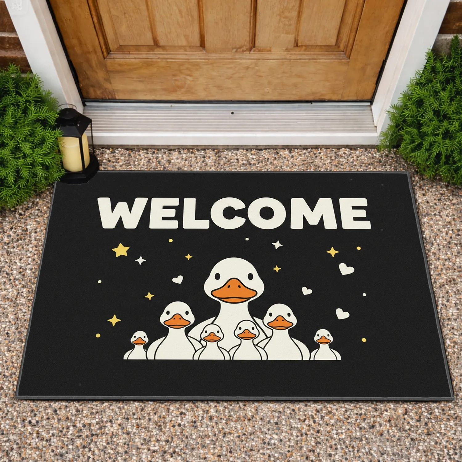 White Duck Family Welcome Sign Stars Hearts Sparkle - Everyday Home Decor Gift Doormat - 1