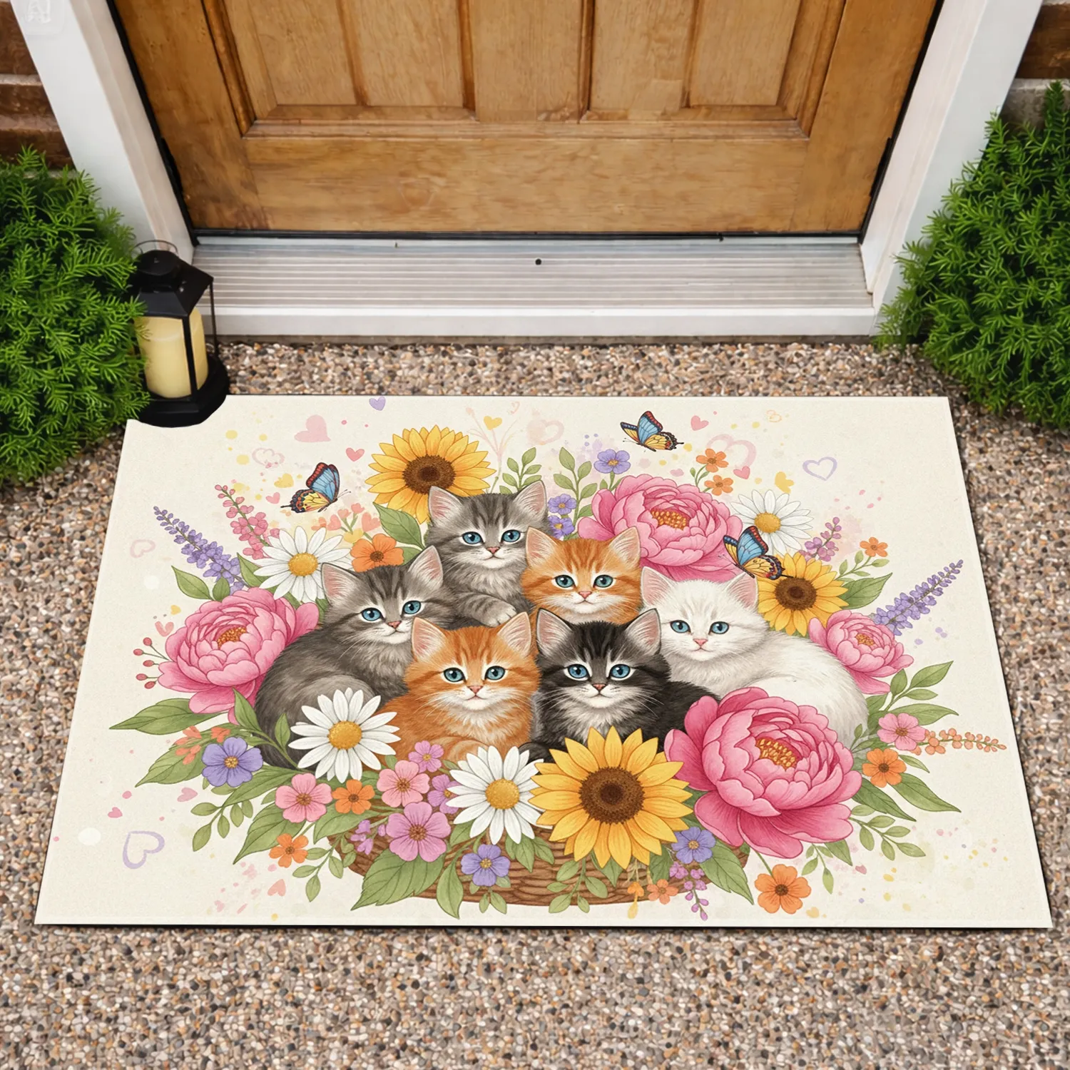 Six Kittens Blue Eyes Lush Spring Flowers Butterflies - Home Decor Gift for Cat Lover Doormat - 1
