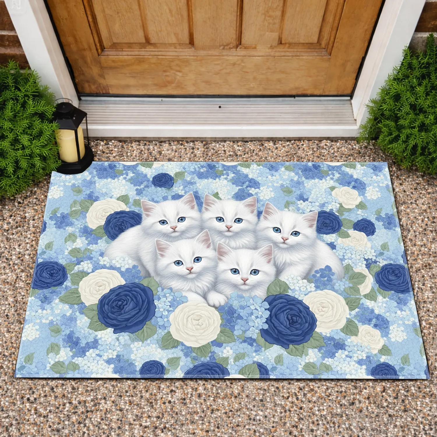 Fluffy White Kittens Blue Rose Hydrangea - Cat Lover Home Decor Gift Doormat - 1