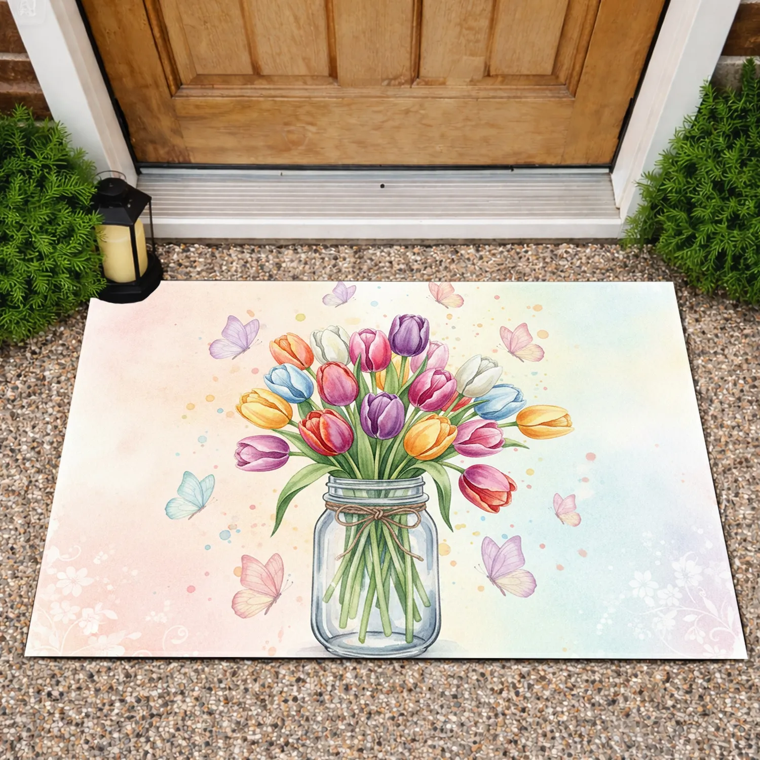 Botanical Tulips Mason Jar Butterflies - Home Decor Gift for Garden Lover Doormat - 1