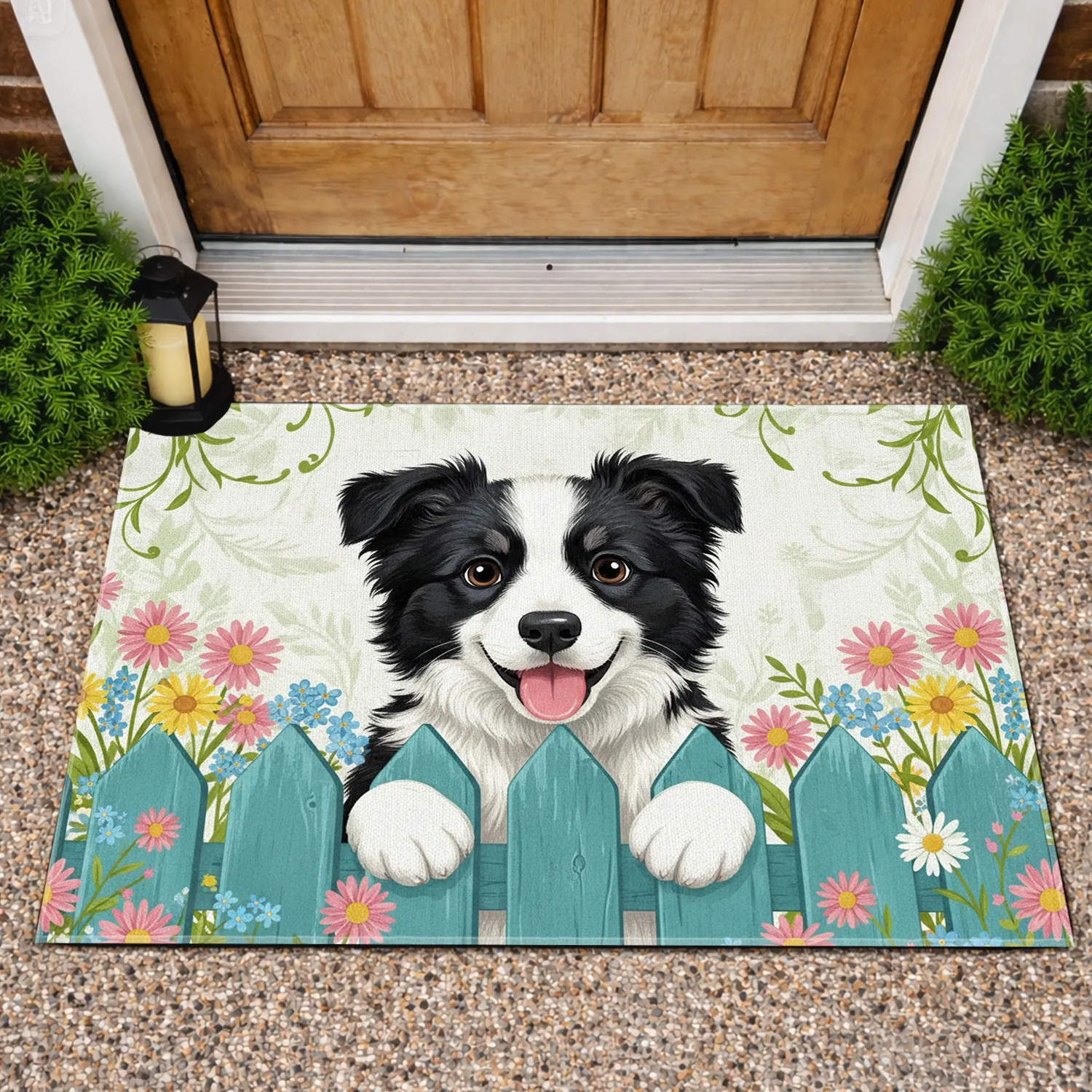 Border Collie Puppy Wildflower Picket Fence - Dog Lover Home Decor Gift Doormat - 1