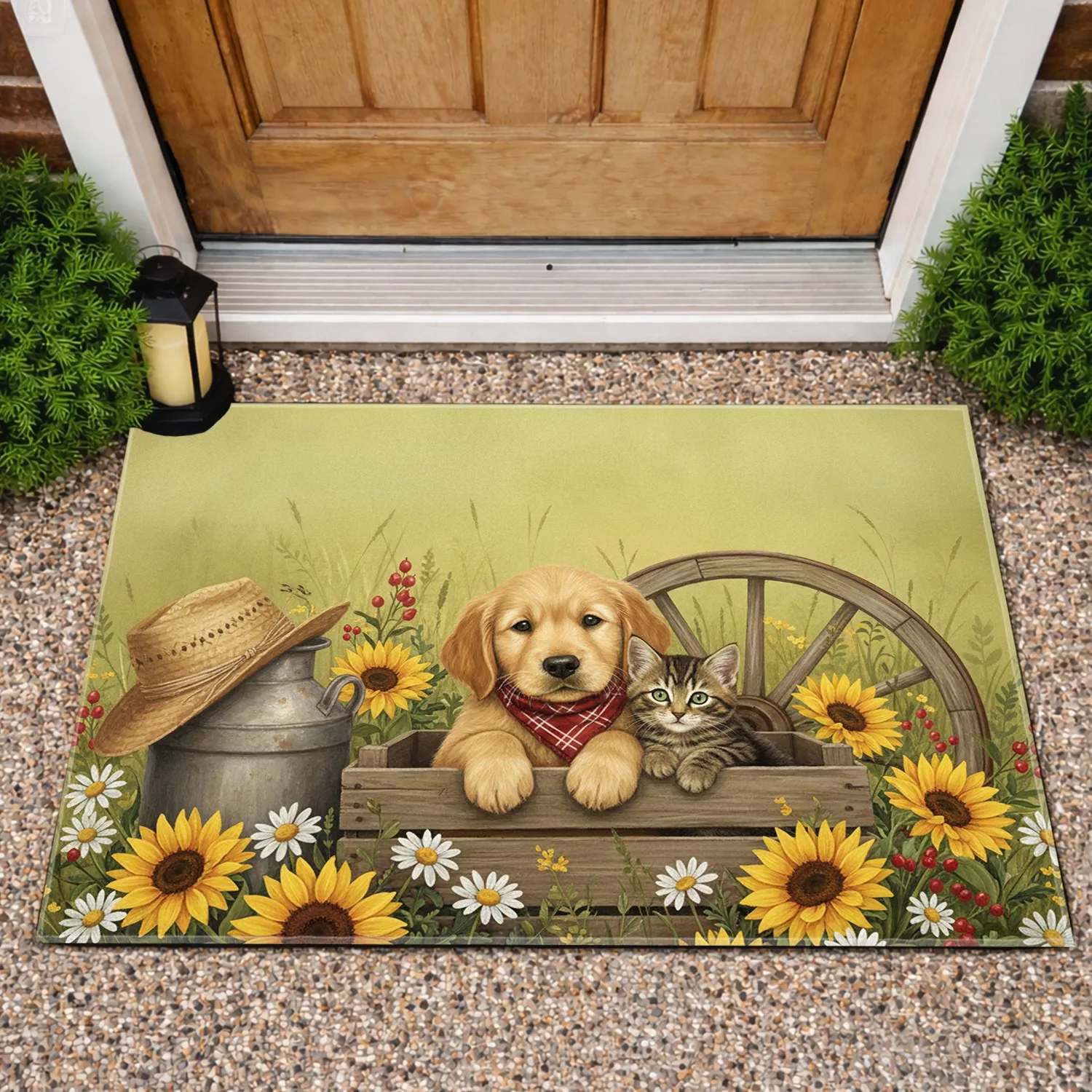 Golden Retriever Puppy Kitten Wildflowers - Farmhouse Home Decor Gift Doormat - 1