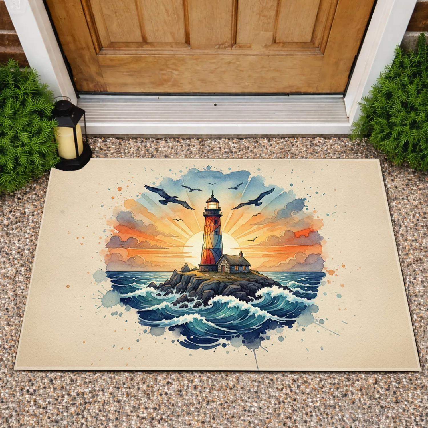 Lighthouse Island Cliff Cottage Ocean Waves Birds Sunset - Coastal Home Decor Gift Doormat - 1
