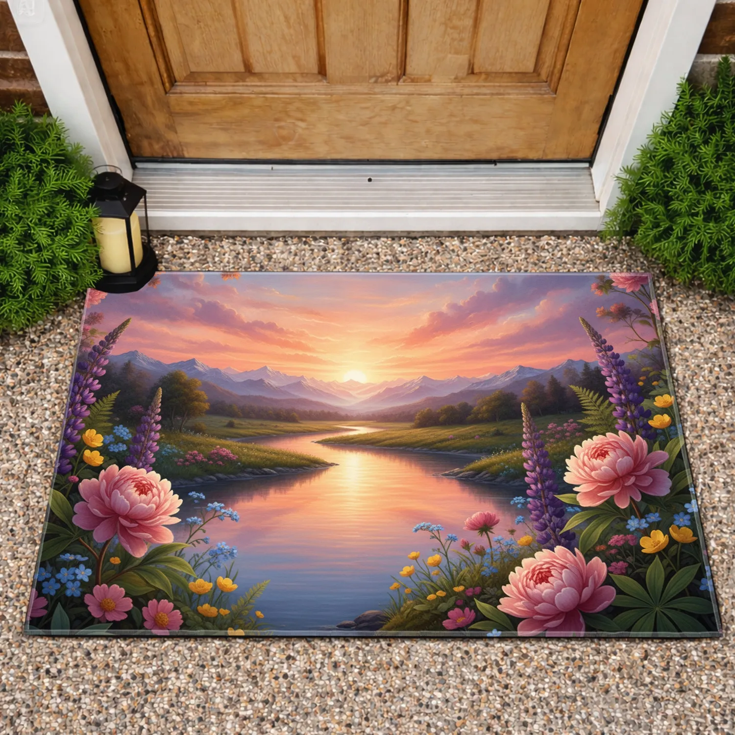 River Sunset Peony Lupine Wildflower Landscape - Home Decor Gift for Nature Lover Doormat - 1