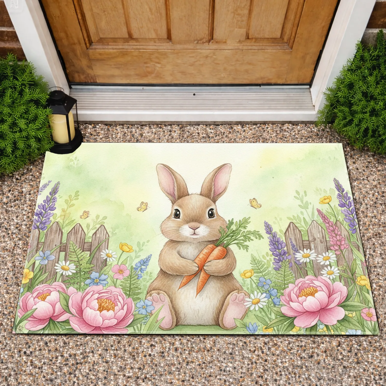Brown Bunny Wildflower Garden with Carrots - Garden Lover Gift Doormat - 1