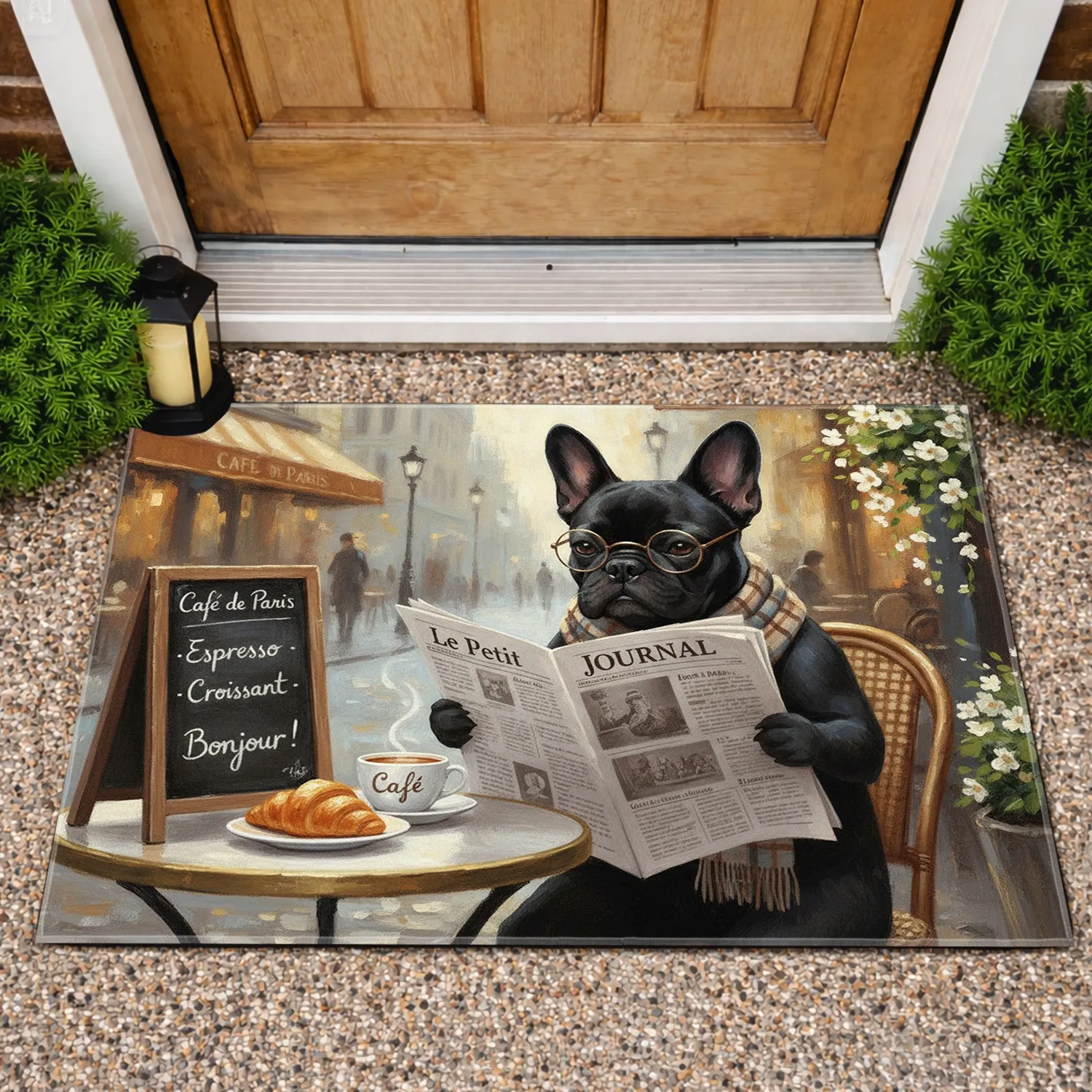 Spectacled French Bulldog Cafe Newspaper Croissant - Bistro Home Decor Gift for Dog Lover Doormat - 1