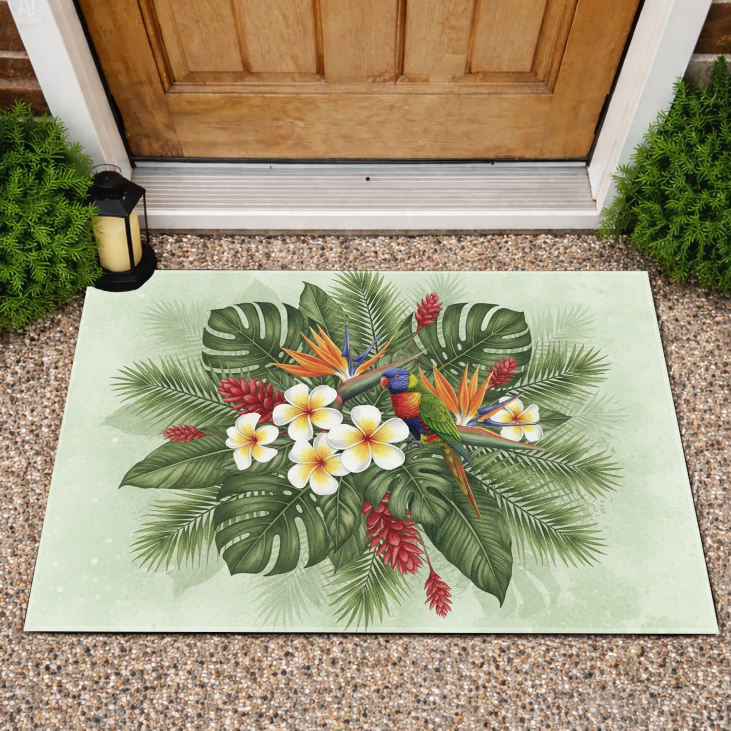 Vibrant Lorikeet Bird of Paradise Plumeria Floral - Tropical Home Decor Gift Doormat - 1