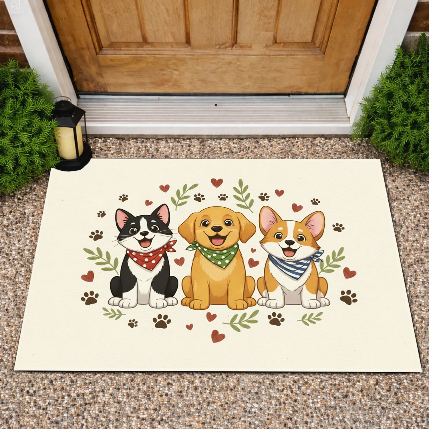 Black Cat Golden Retriever Corgi Paw Prints Hearts Sprigs - Home Decor Gift Doormat - 1