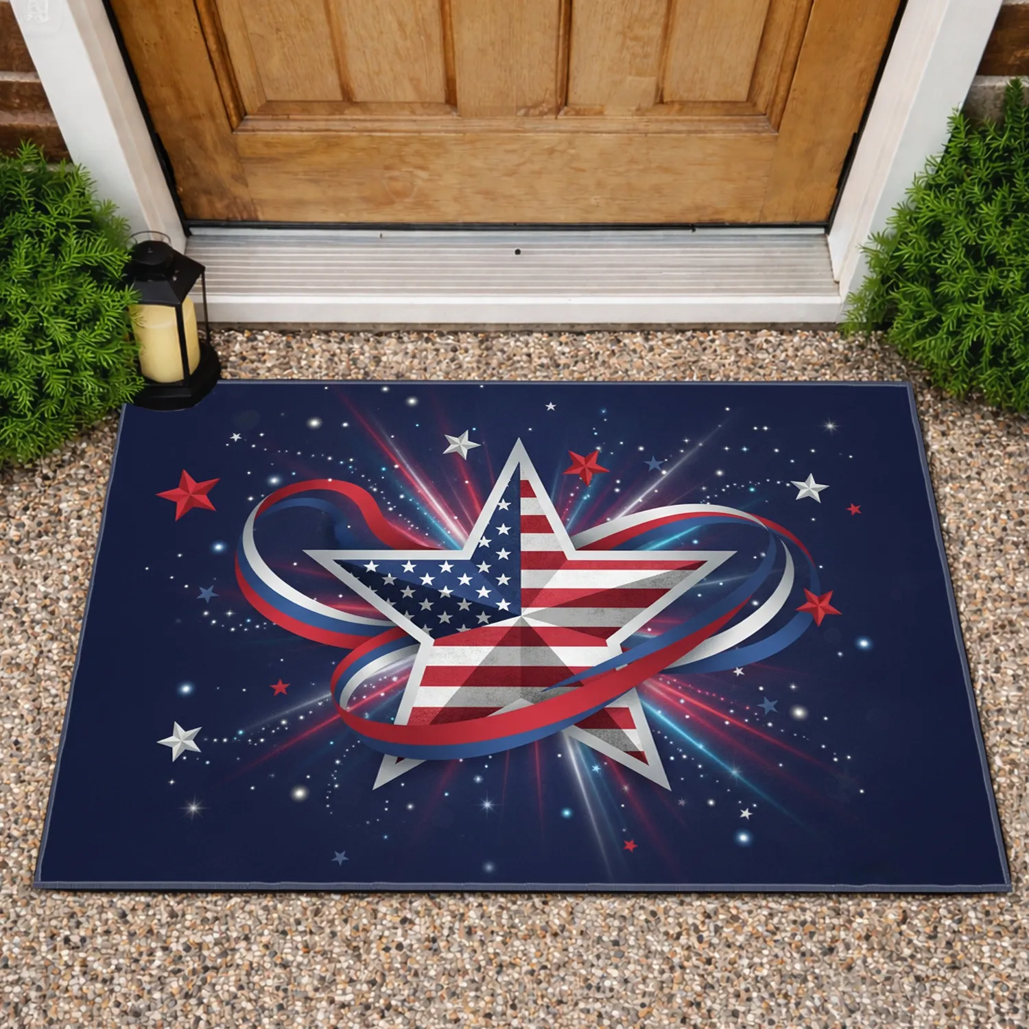American Flag Star with Ribbons and Light Rays - Independence Day Home Decor for Veterans Doormat - 1