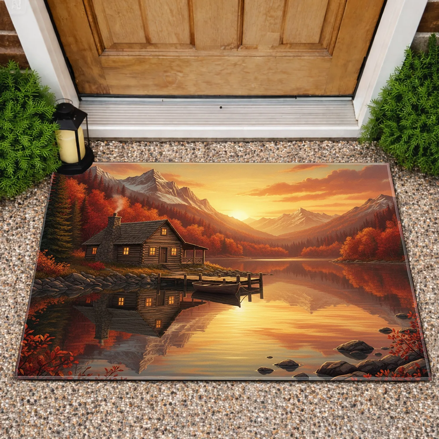 Snowy Peaks Autumn Mountain Lake Log Cabin Rowboat - Home Decor Gift Doormat - 1