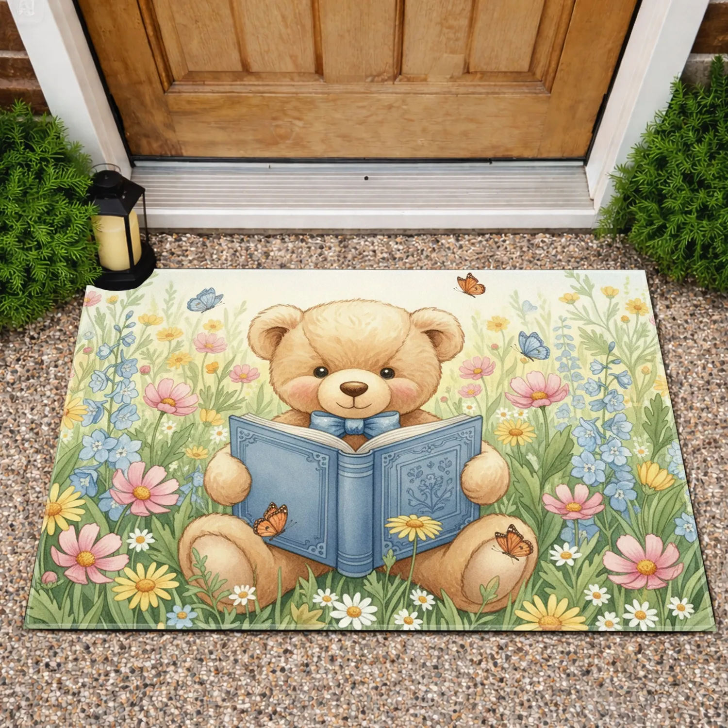 Teddy Bear Reading Book Wildflower Meadow - Home Decor Gift for Garden Lover Doormat - 1