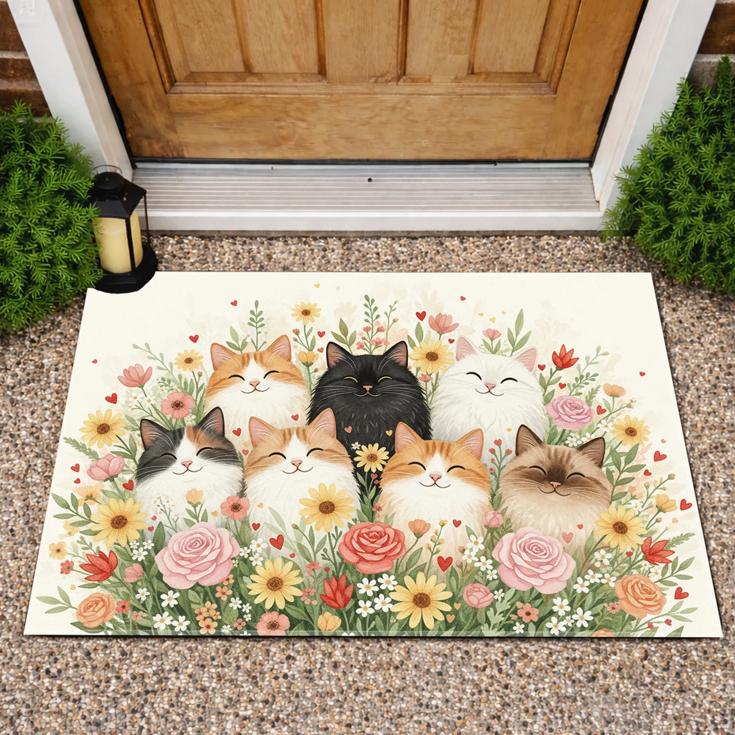Nine Smiling Cats Wildflower Meadow Hearts - Home Decor Gift for Cat Lover Doormat - 1