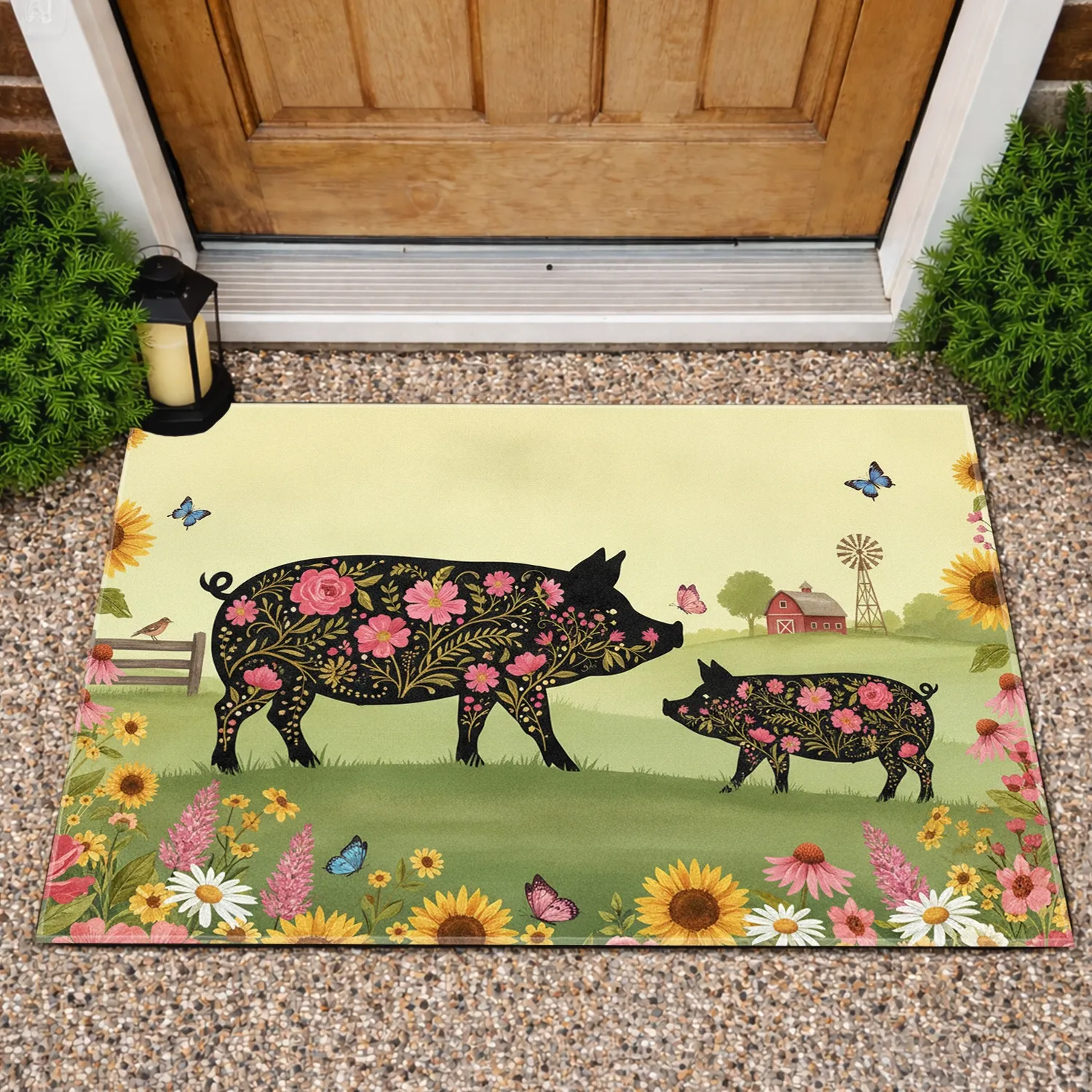 Black Silhouette Pigs Wildflower Butterfly Barn Windmill - Rustic Farmhouse Home Decor Gift Doormat - 1