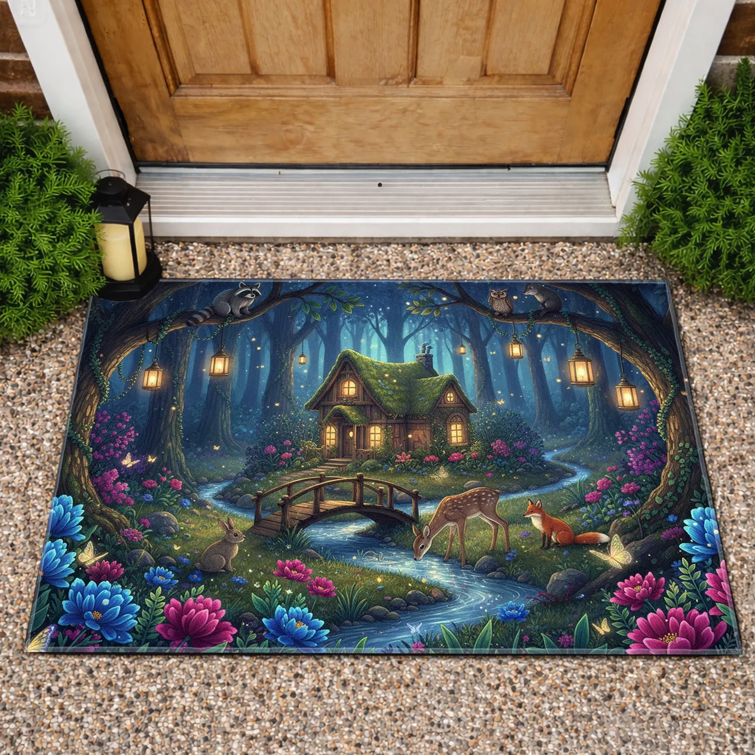 Glowing Moss Cottage Stream Forest Deer Fox - Home Decor Gift for Wildlife Lovers Doormat - 1