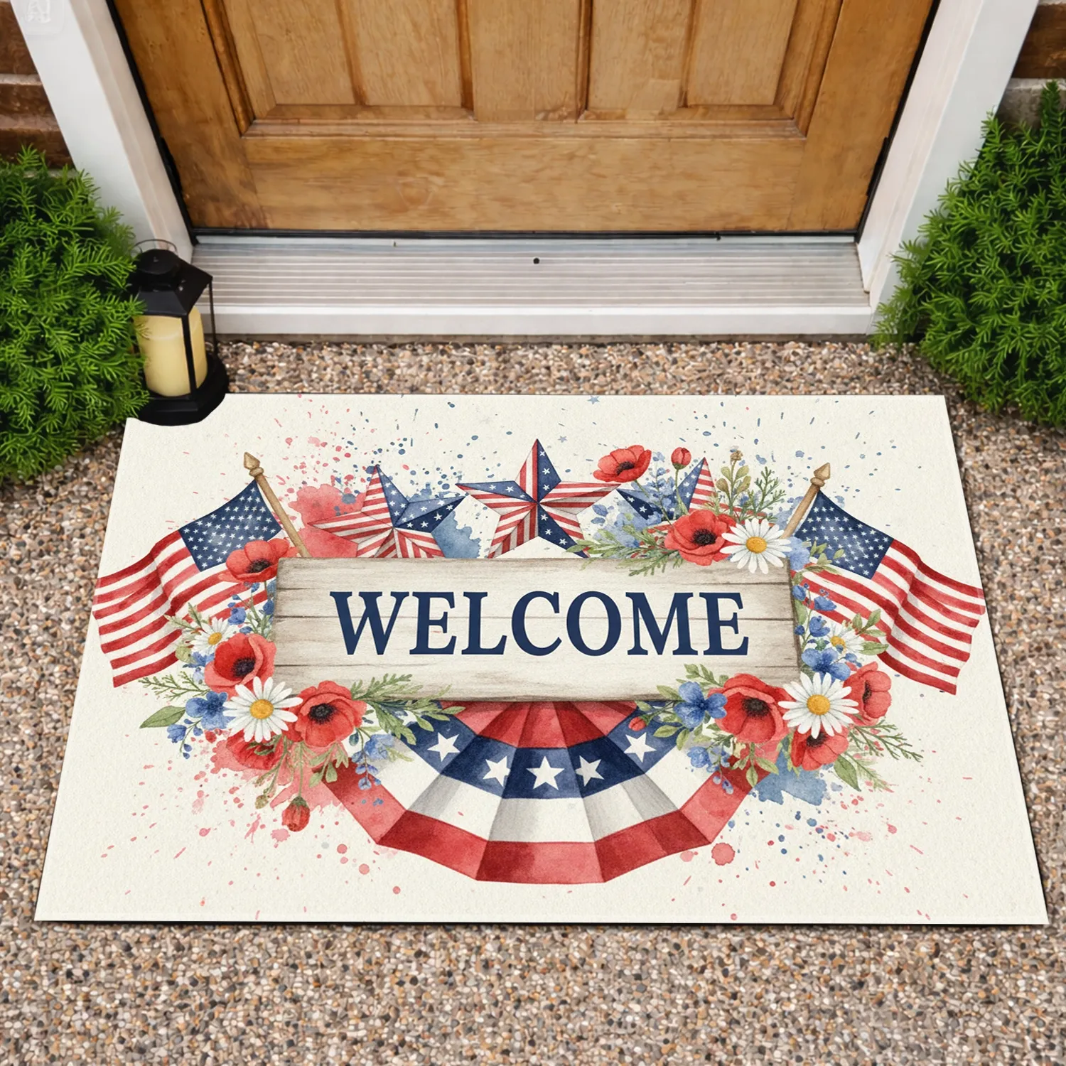WELCOME Banner Patriotic Bunting American Flag Flowers - Independence Day Gift for Veterans Doormat - 1