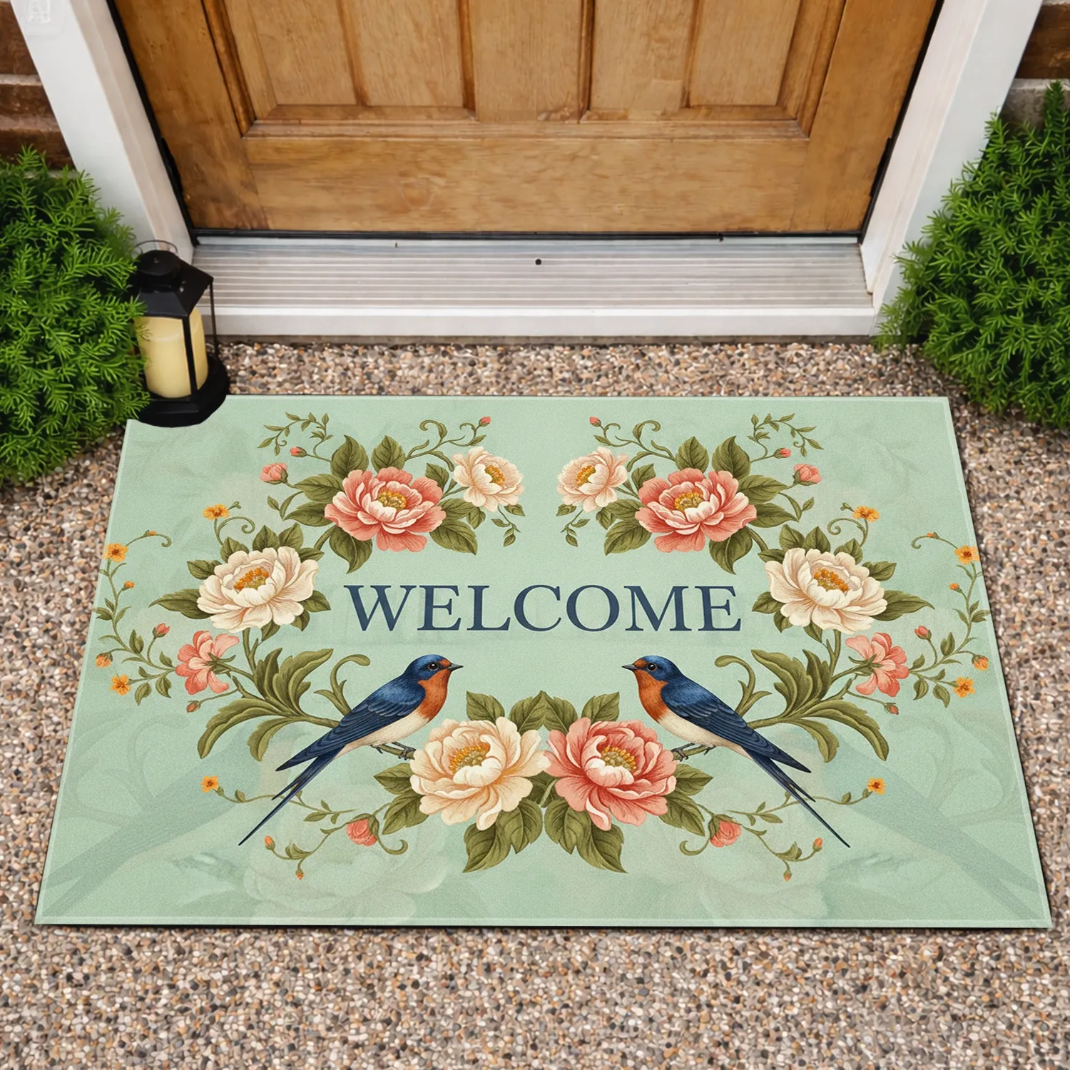 Welcome Birds Flowering Branches Botanical Vines - Everyday Entryway Decor Doormat - 1