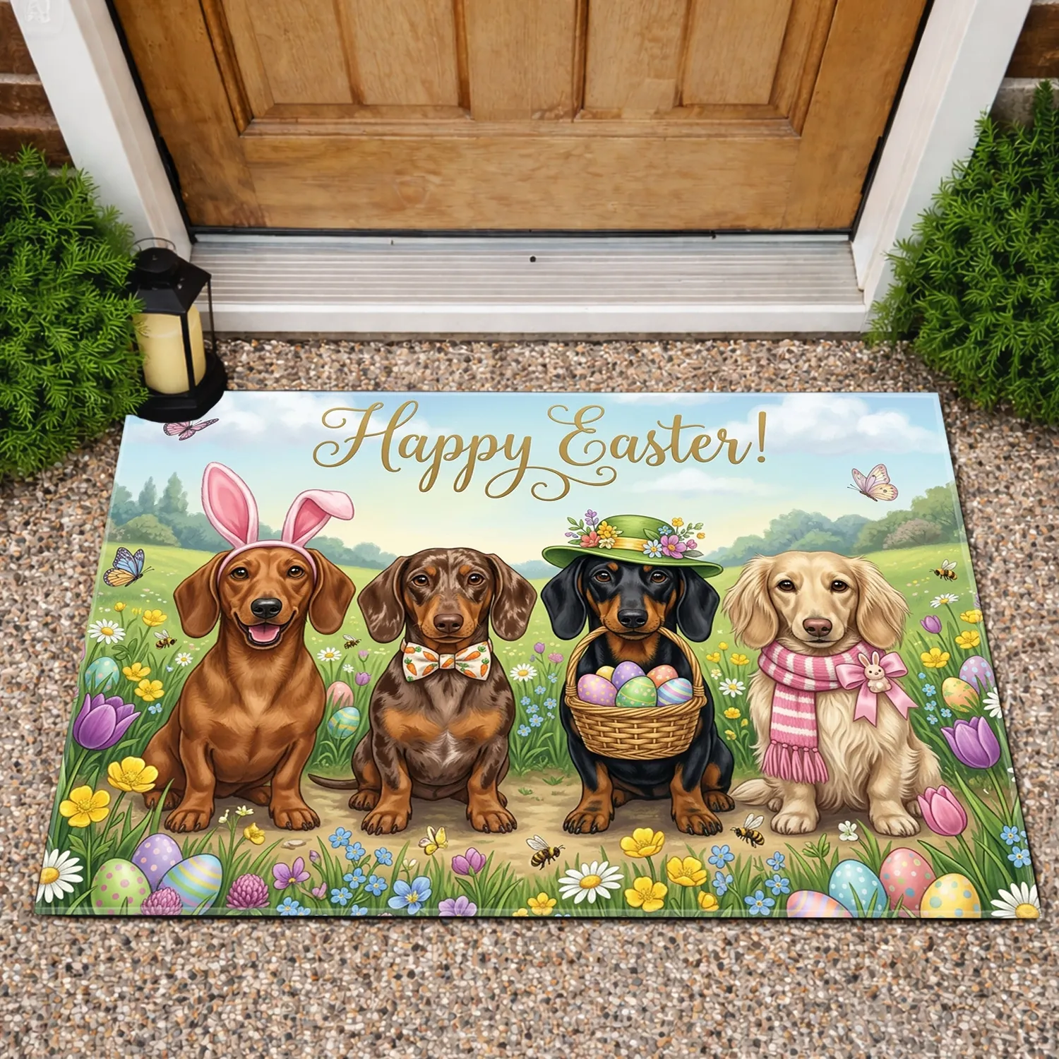 Dachshunds Easter Eggs Wildflowers - Easter Holiday Dog Lover Gift Doormat - 1