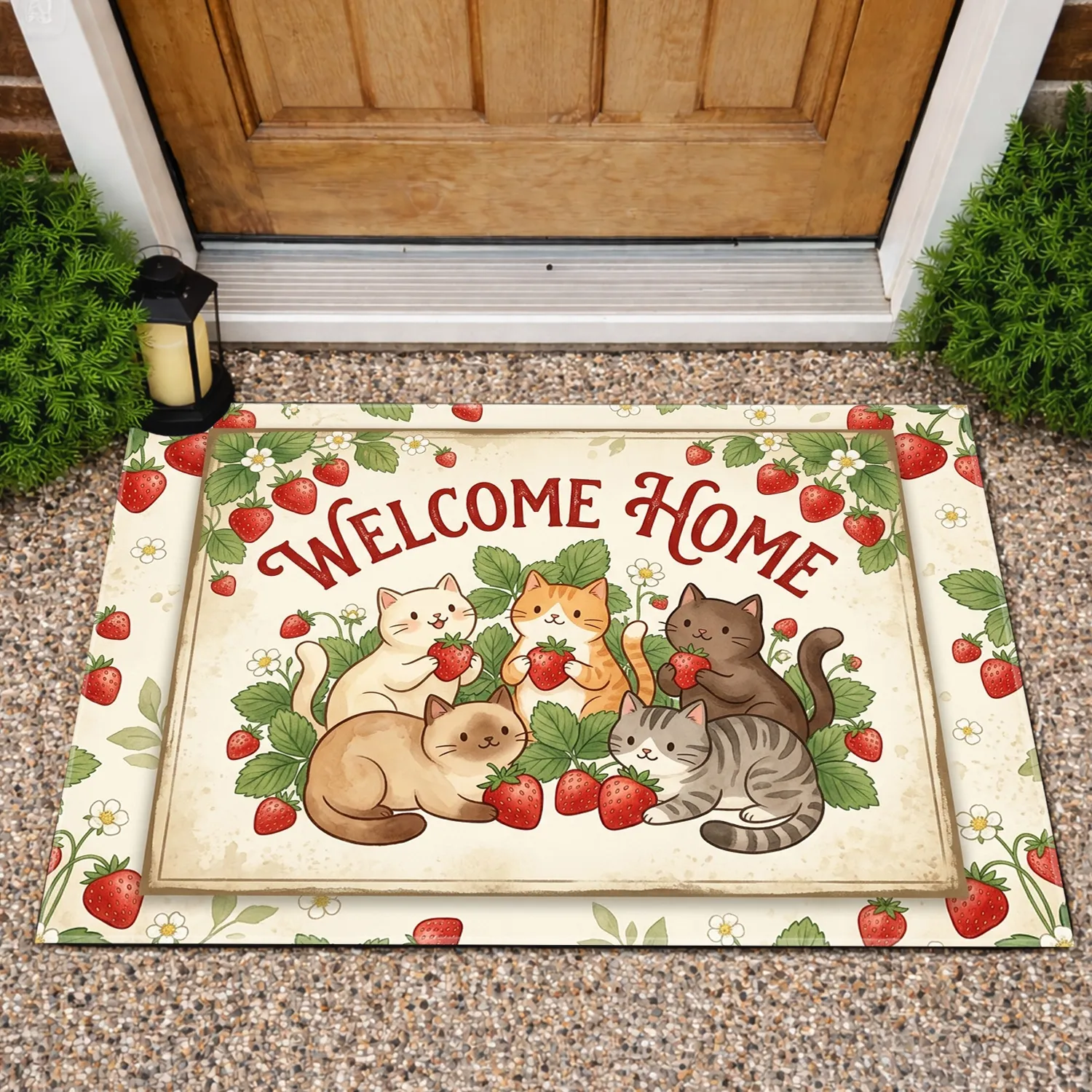 Five Cats Strawberries WELCOME HOME - Home Decor Gift for Cat Lover Doormat - 1