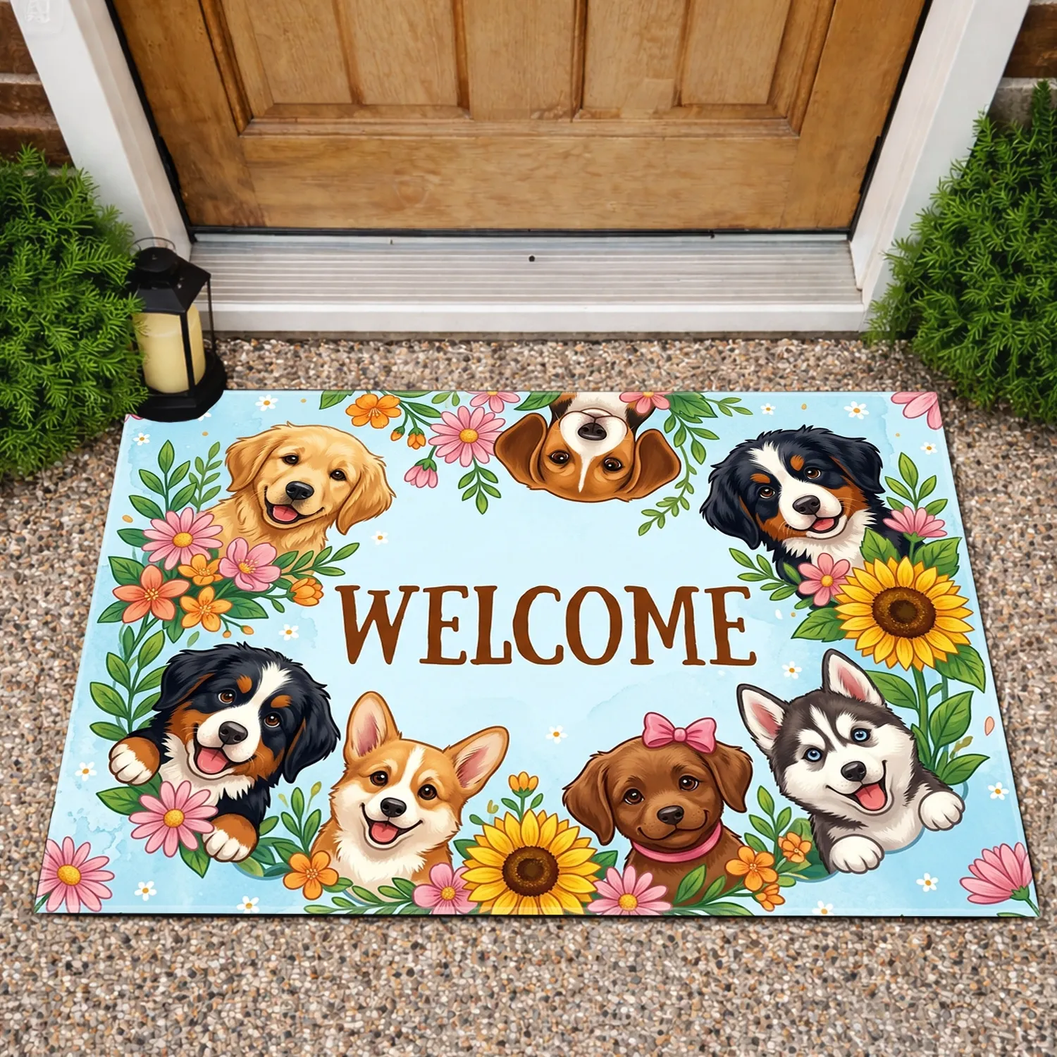WELCOME Playful Puppies Wildflower Garden - Home Decor Gift for Dog Lover Doormat - 1