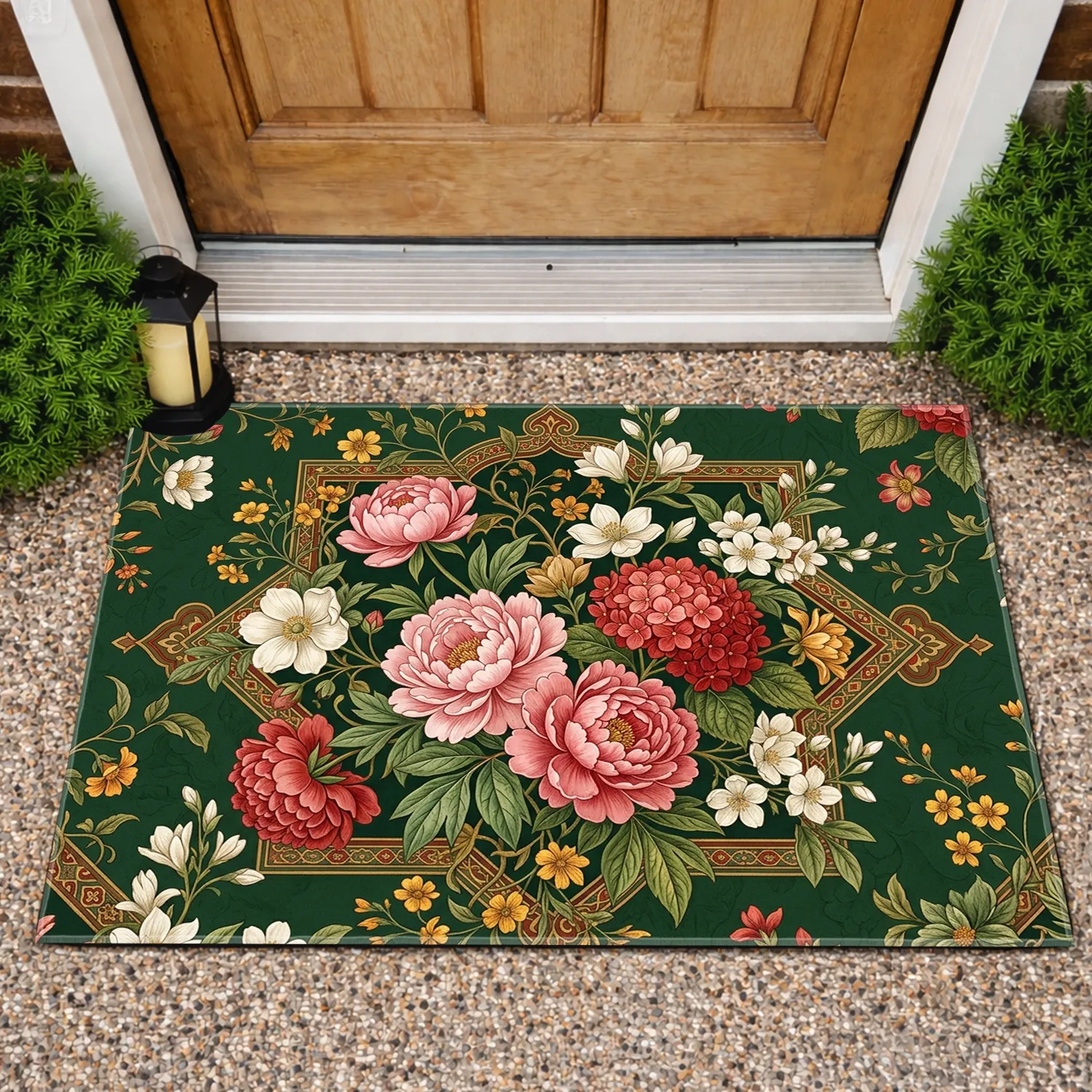 Peony Hydrangea Floral Garden Ornate Border - Home Decor Gift Doormat - 1