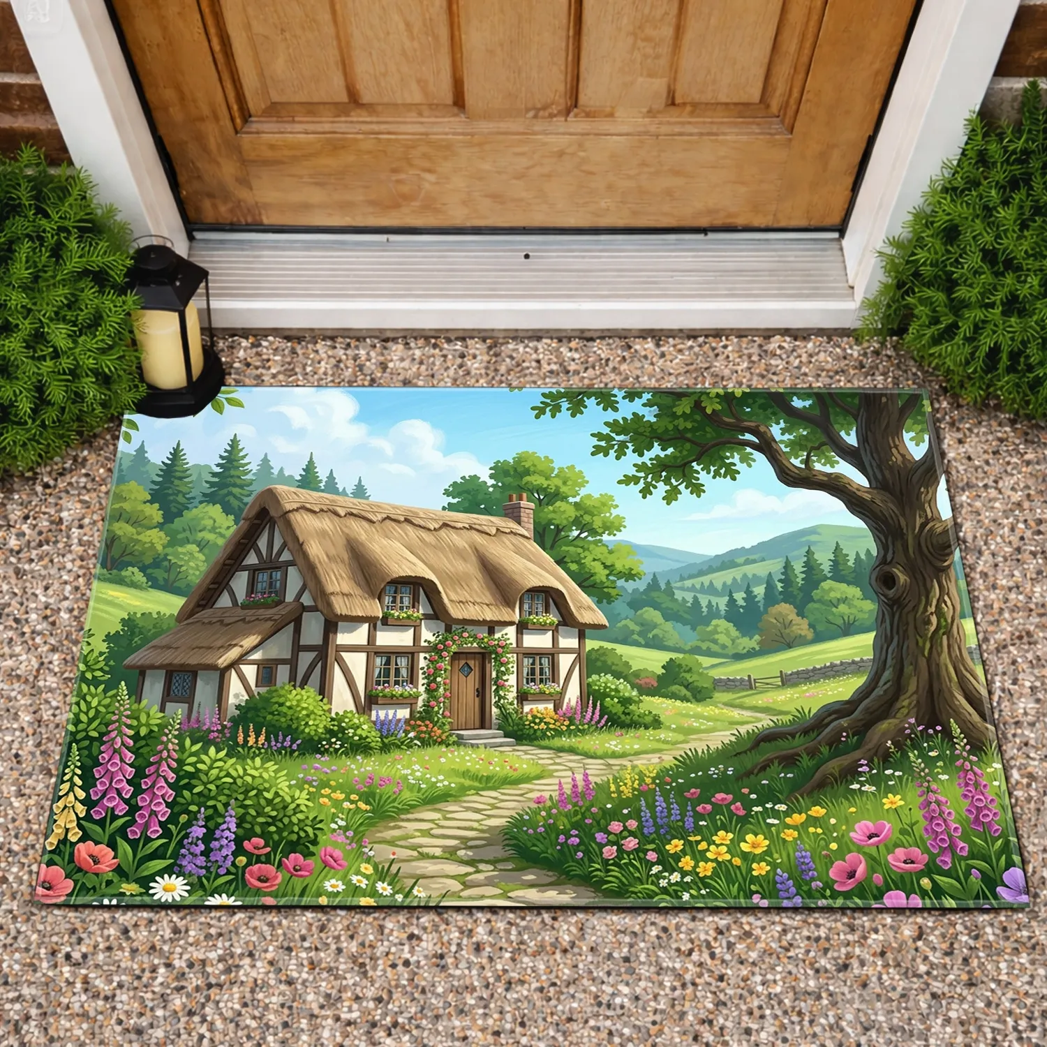 Fairytale Cottage Wildflower Meadow Stone Path Gnarled Tree - Rustic Home Decor Gift Doormat - 1