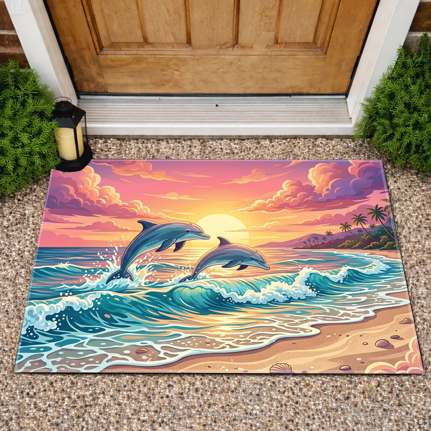 Dolphins Ocean Waves Sandy Beach Colorful Sunset - Home Decor Gift for Ocean Lover Doormat - 1