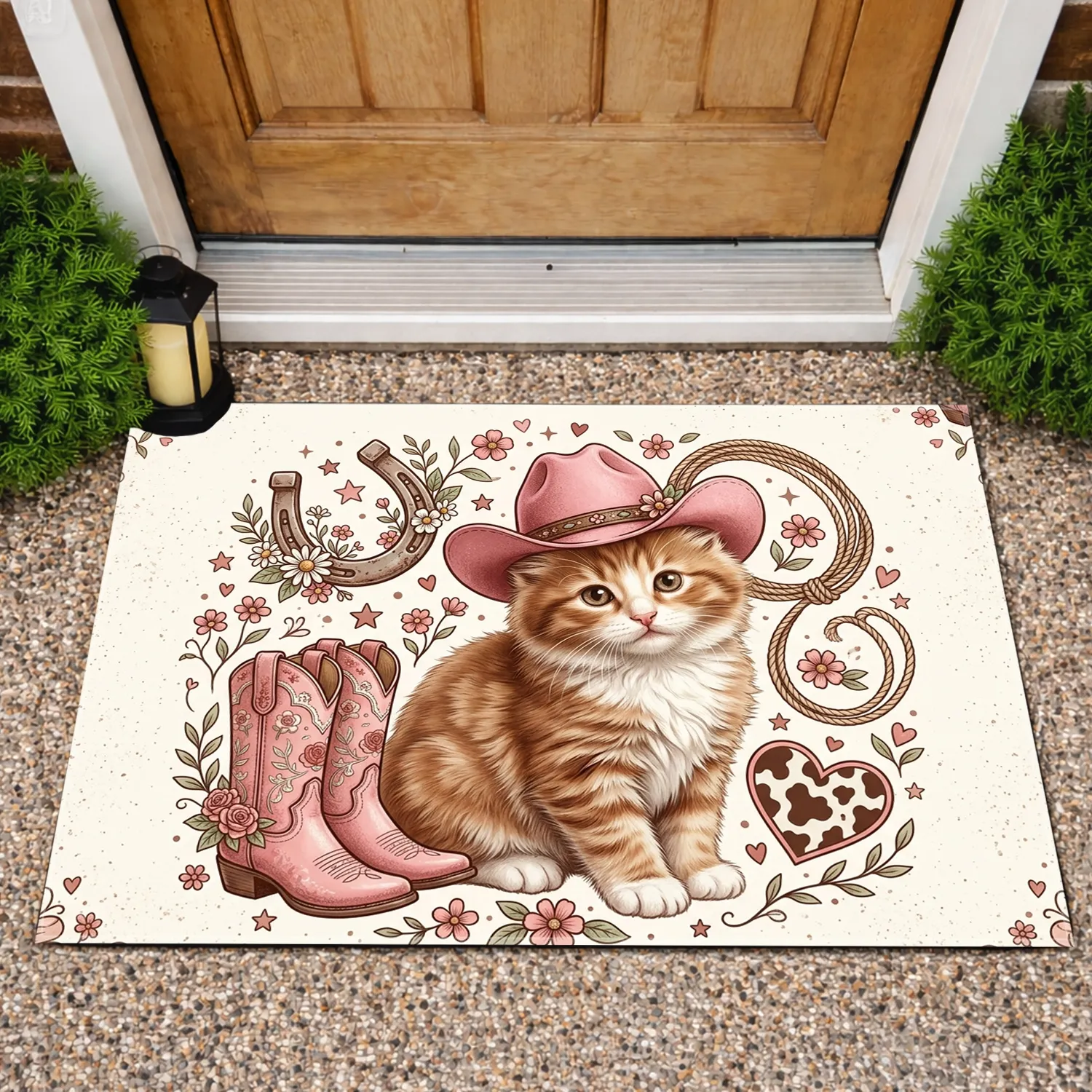 Kitten Pink Cowboy Hat Cowboy Boots Lasso Rustic Horseshoe - Western Decor Gift for Cat Lover Doormat - 1