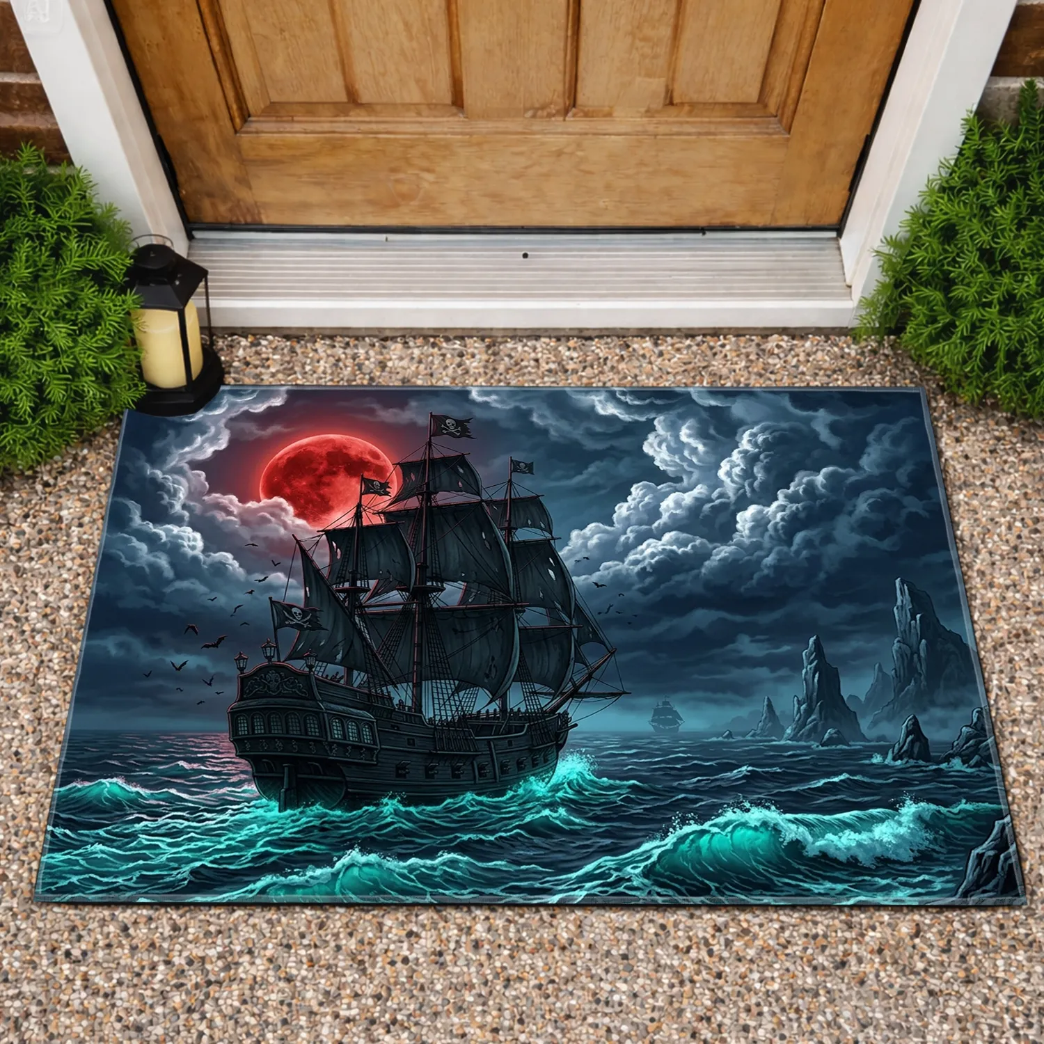Pirate Ship Black Galleon Stormy Seas - Home Decor Gift for Adventure Lover Doormat - 1