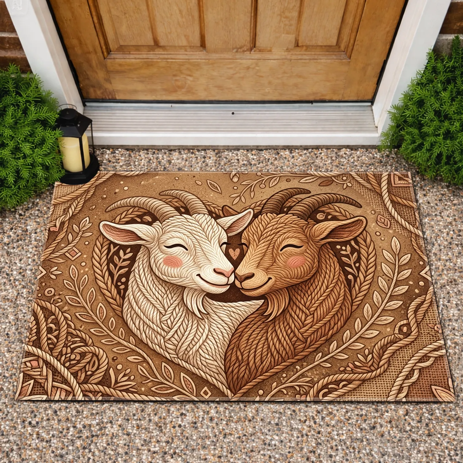 Cream Brown Rosy Cheeks Nuzzling Rustic Goats Farmhouse Decor Gift for Goat Lover Doormat - 1