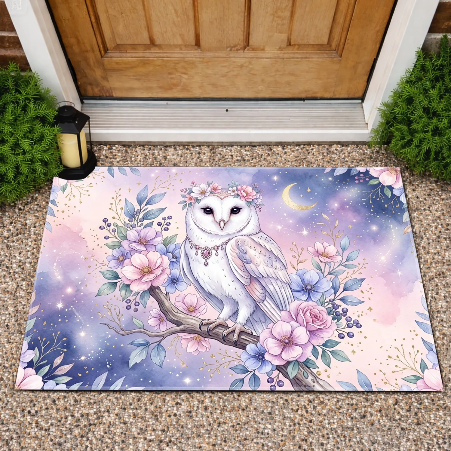 White Barn Owl Flower Crown Crescent Moon - Home Decor Gift for Owl Lovers Doormat - 1