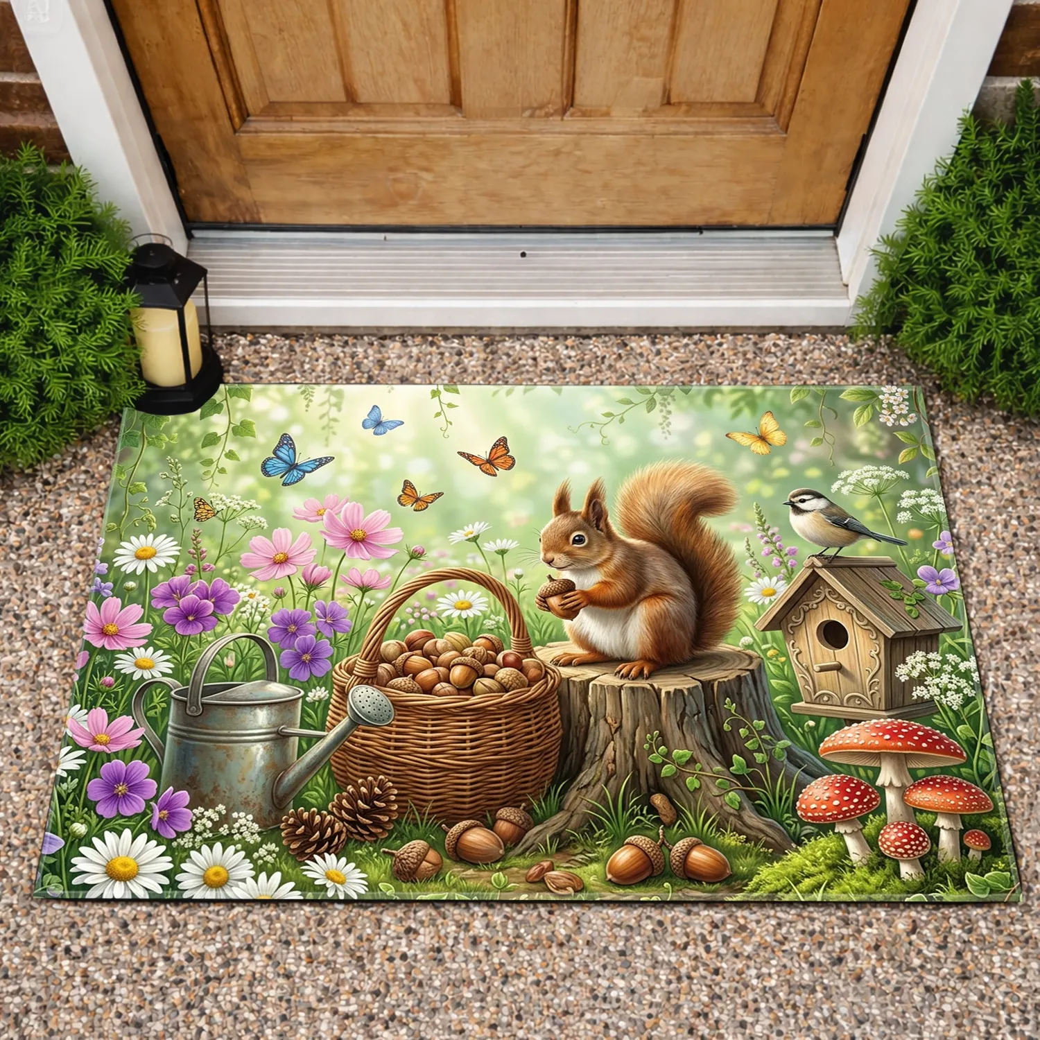Fluffy Squirrel Acorn Wildflower Garden - Home Decor Gift for Garden Lover Doormat - 1