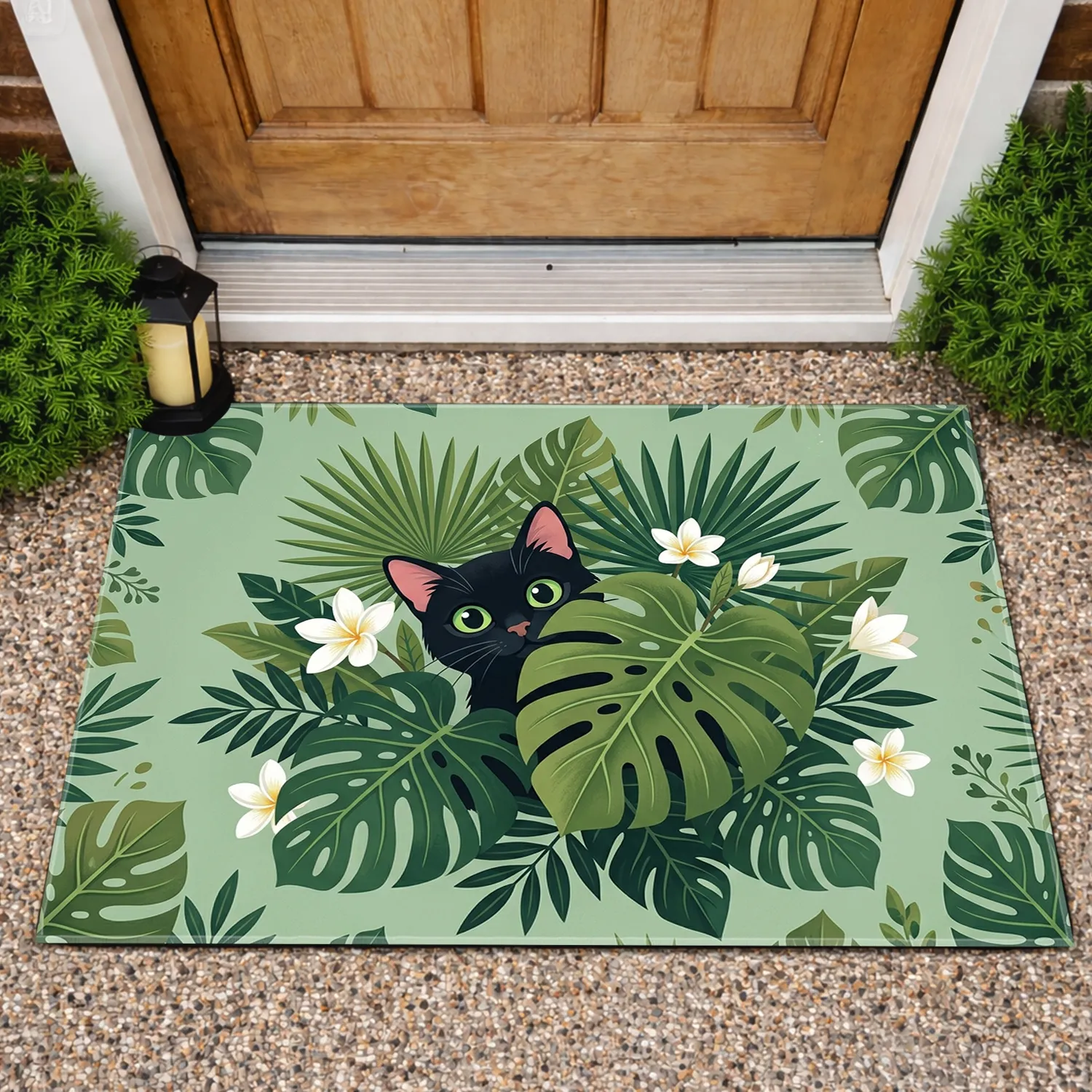 Curious Black Cat Monstera Tropical Leaves - Home Decor Gift for Cat Lover Doormat - 1