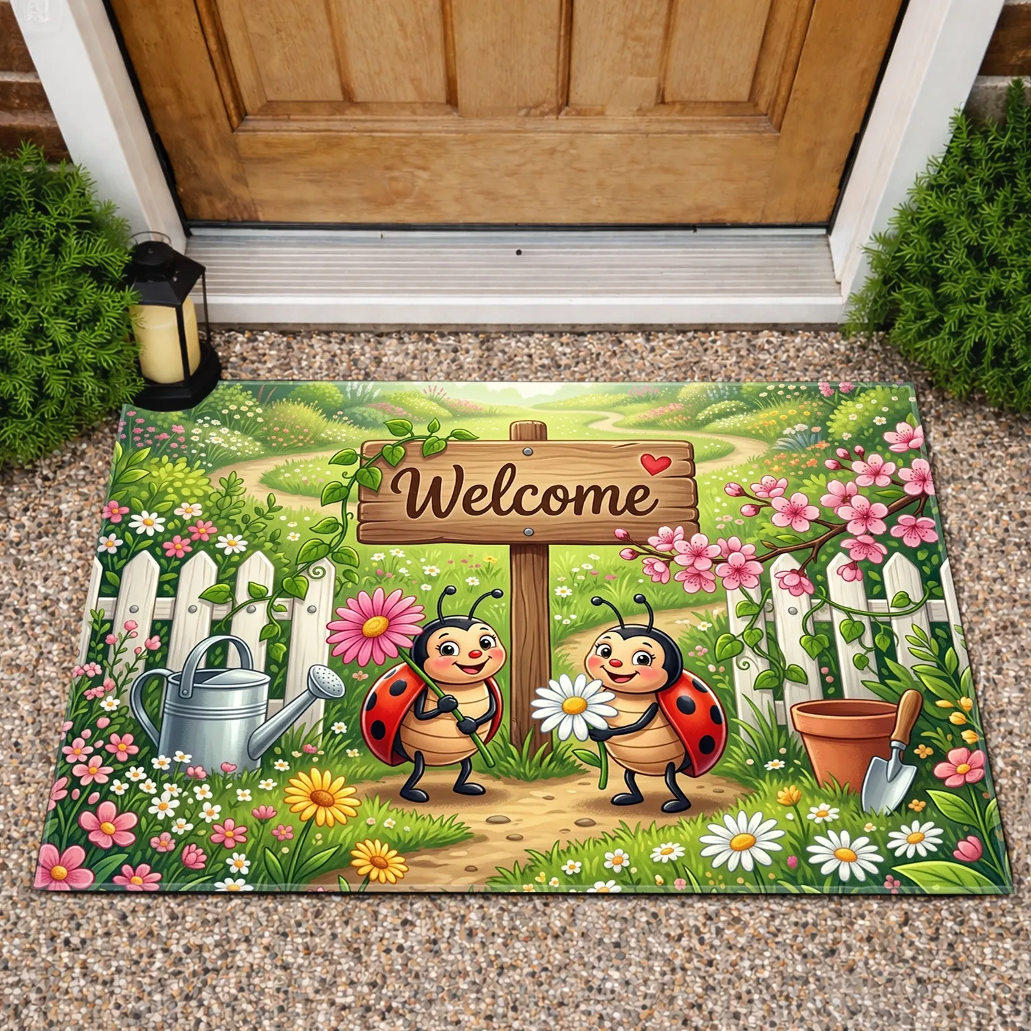Ladybugs Welcome Sign Garden - Home Decor Gift for Garden Lover Doormat - 1