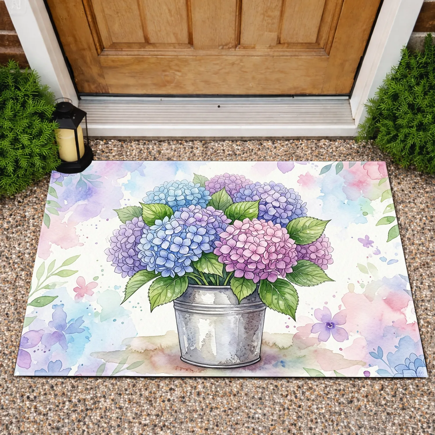 Vibrant Hydrangea Flower Bouquet Metal Pot Floral Shapes - Garden Home Decor Gift Doormat - 1