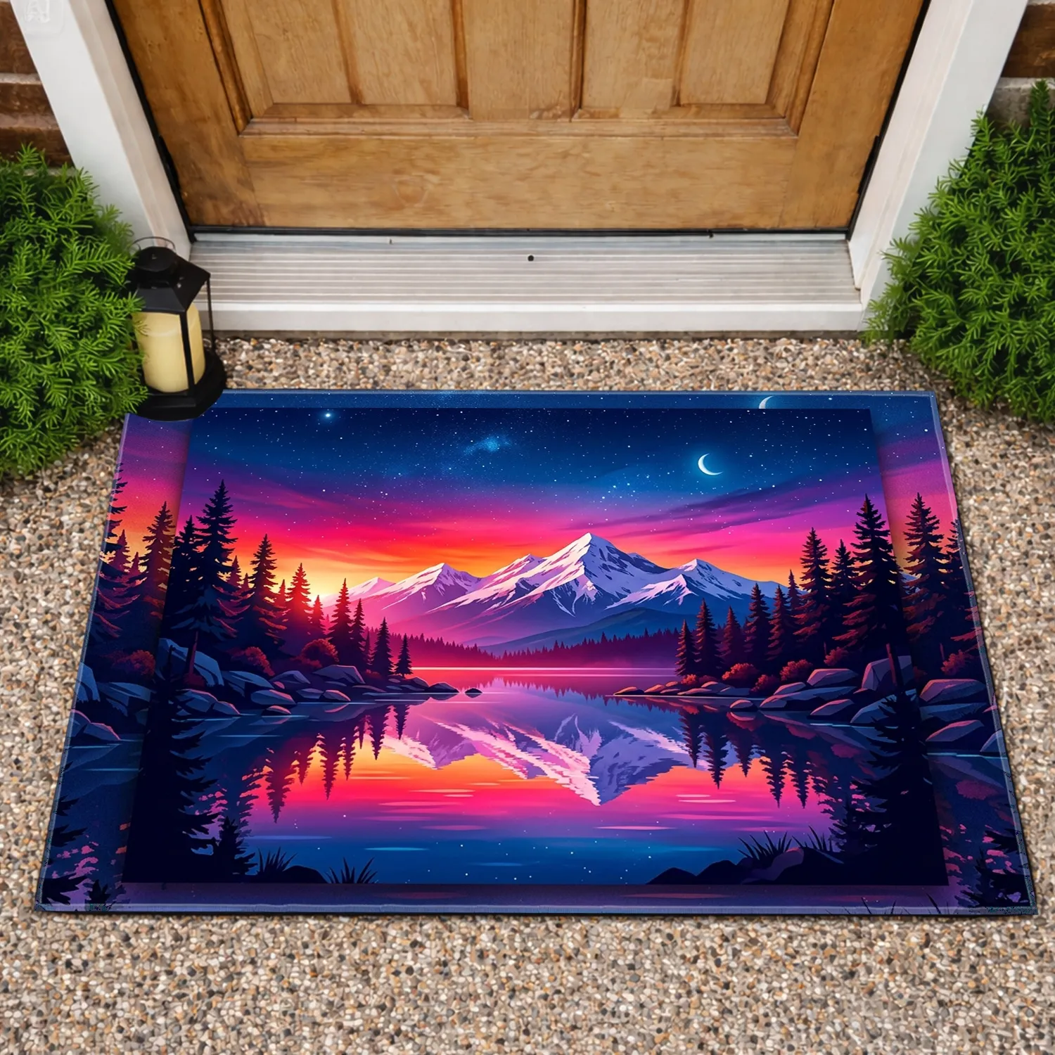 Cosmic Twilight Snow Mountains Lake Reflection Pine Trees Crescent Moon Home Decor Gift Doormat - 1