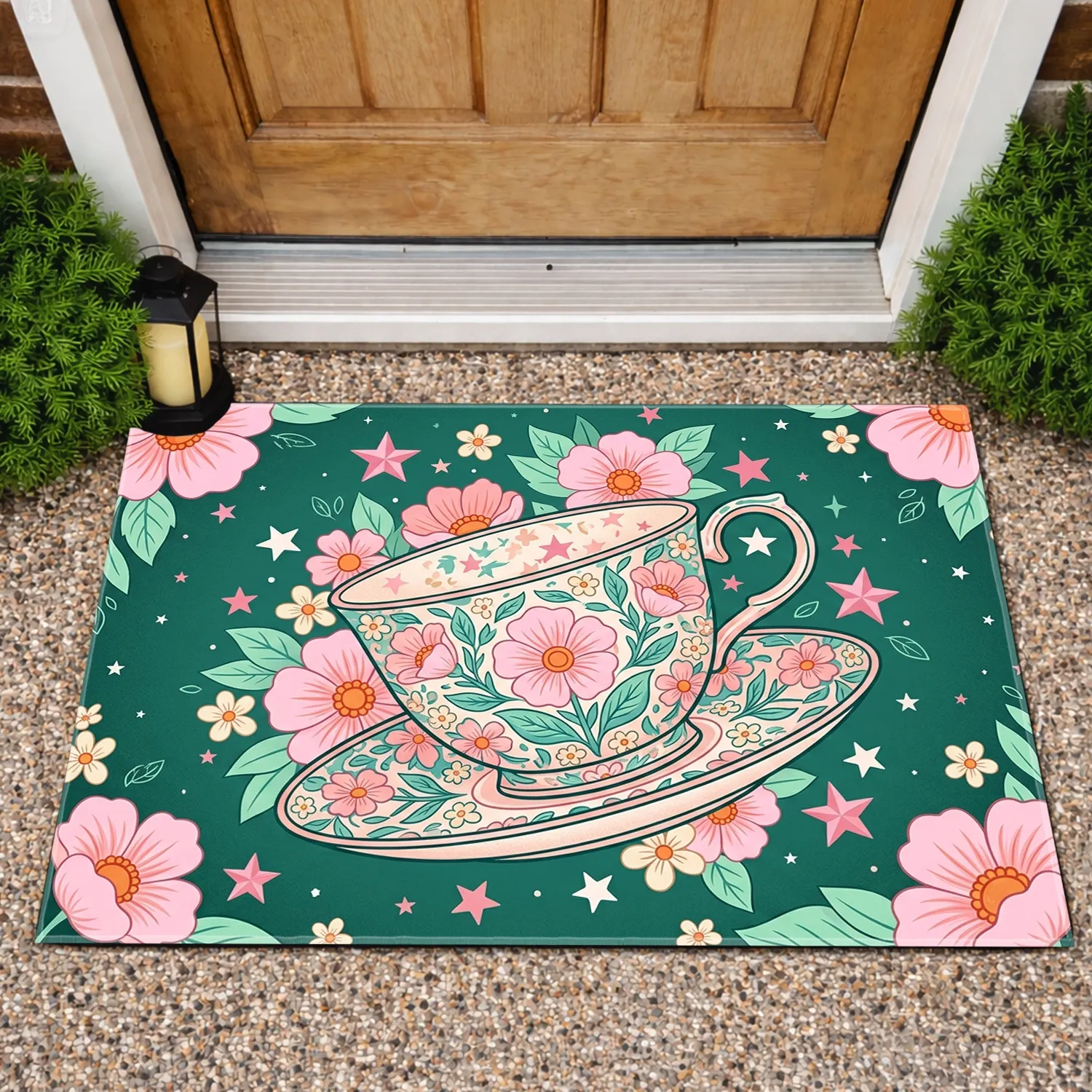 Ornate Teacup Floral Garden Stars - Home Decor Gift Doormat - 1