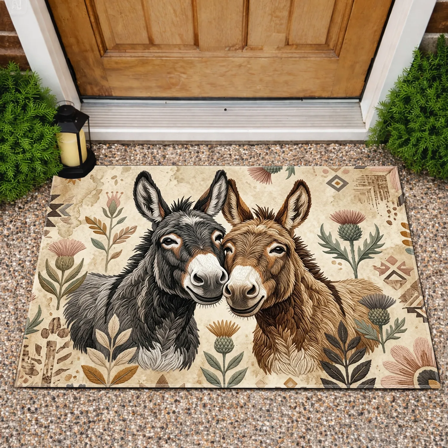 Happy Nuzzling Donkeys Rustic Parchment - Farmhouse Home Decor Gift for Donkey Lovers Doormat - 1