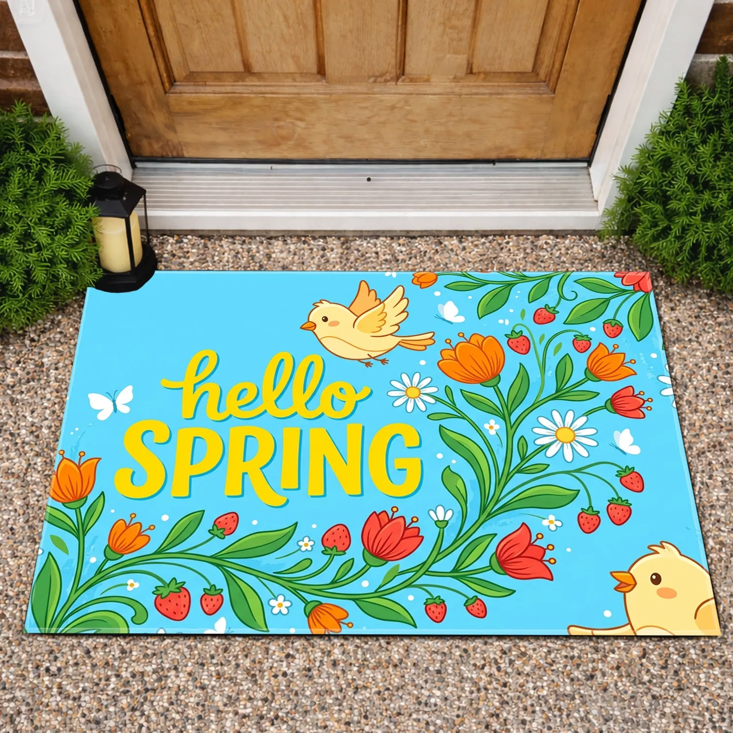 hello SPRING Birds Flowers Vines Strawberries - Welcome Spring Home Decor Gift Doormat - 1