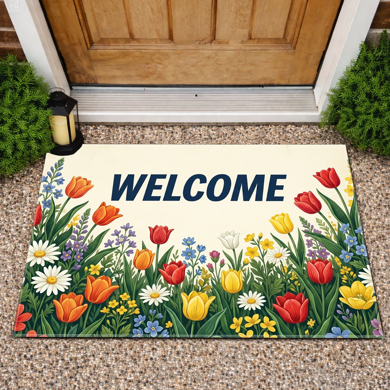 WELCOME Text Vibrant Spring Floral Garden - Entryway Home Decor Gift Doormat - 1