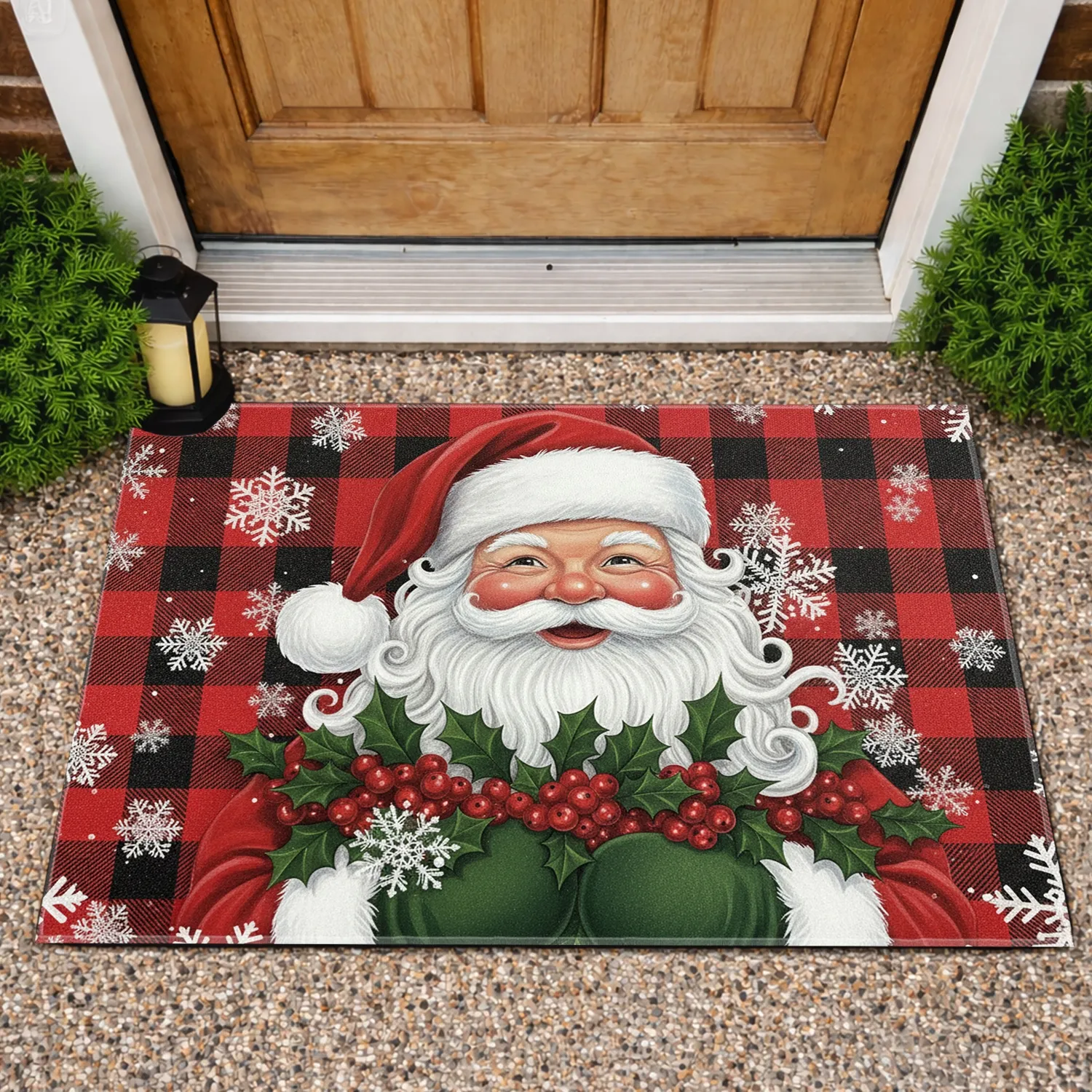 Santa Claus Holly Snowflakes Buffalo Plaid - Christmas Holiday Decor Doormat - 1