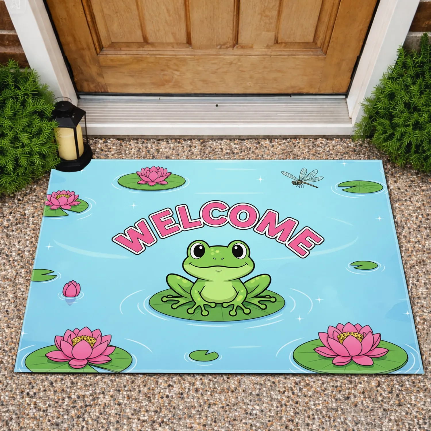 Green Cartoon Frog Lily Pad Welcome Dragonfly Lotus Pond - Everyday Home Decor Gift for Nature Lover Doormat - 1