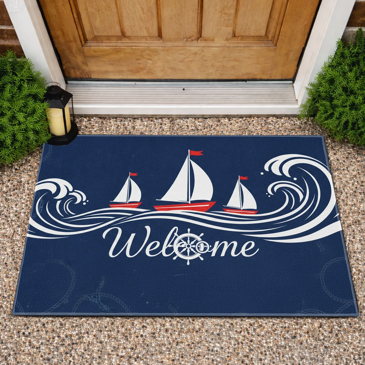 Welcome Ship Wheel Sailboats Ocean Waves - Coastal Home Decor Gift Doormat - 1