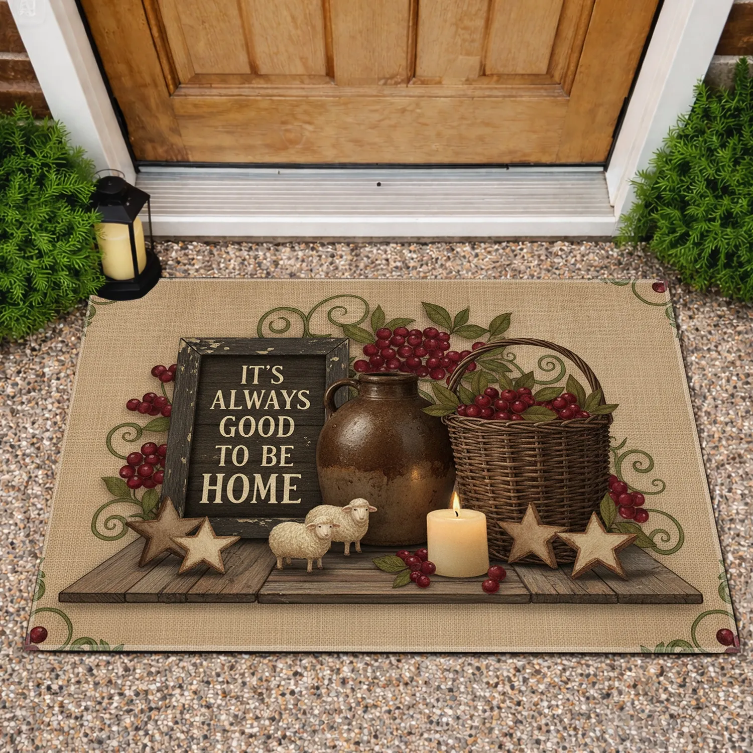 Good to be Home Sign Sheep Jug Berries Candle - Farmhouse Home Decor Gift Doormat - 1