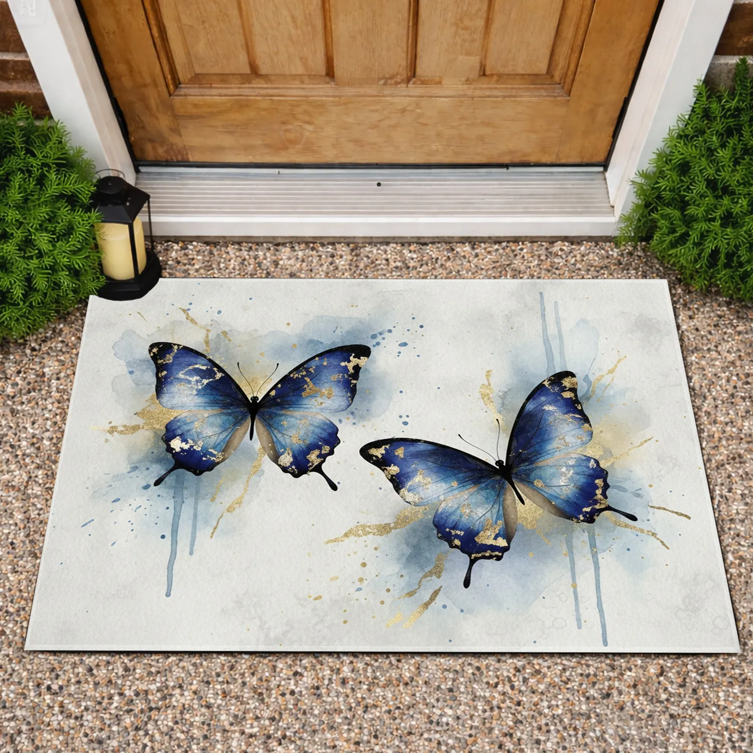 Abstract Shimmering Blue Gold Butterflies - Home Decor Gift for Butterfly Lover Doormat - 1