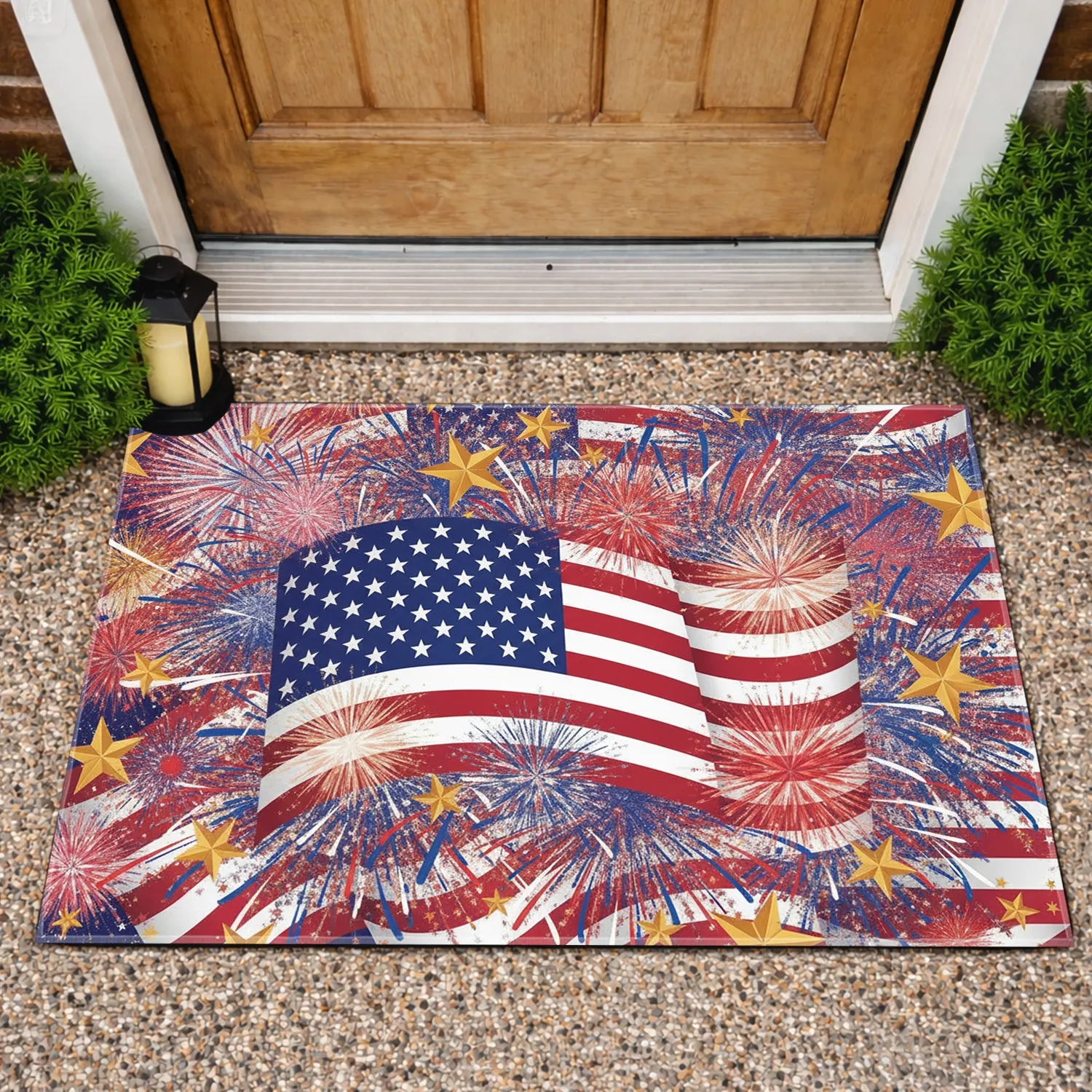American Flag Fireworks Gold Stars - Independence Day Holiday Gift Doormat - 1