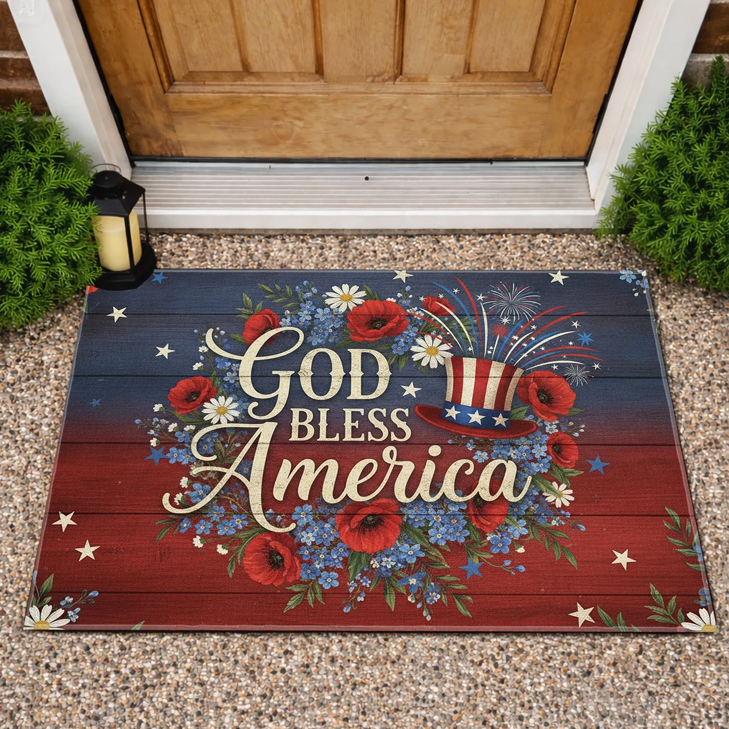 God Bless America Uncle Sam Hat Fireworks Wildflowers - Independence Day Home Decor Doormat - 1