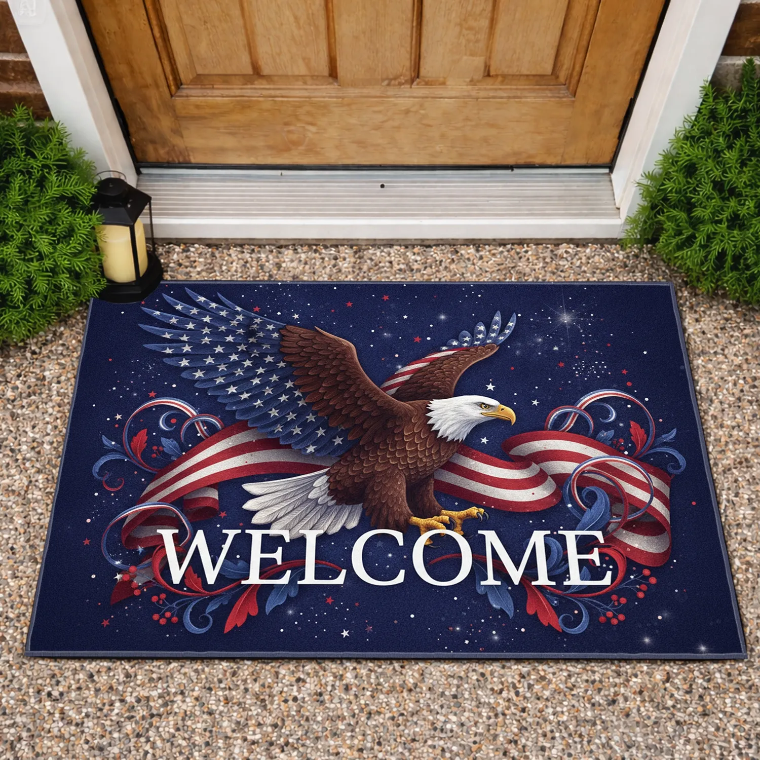 Bald Eagle American Flag Welcome - Independence Day Celebration for Veterans Doormat - 1
