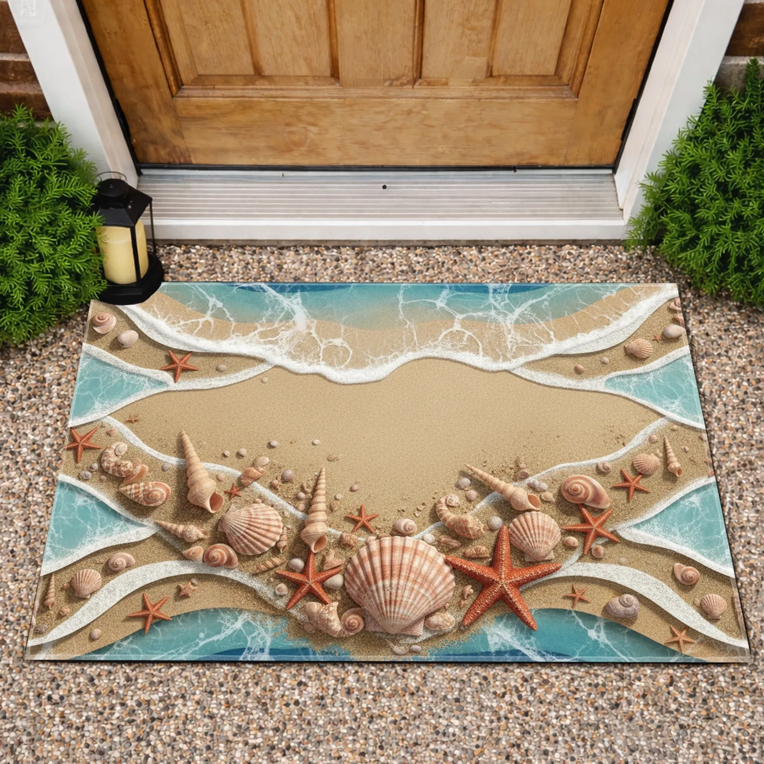 Vibrant Textured Beach Seashells Starfish Ocean Waves - Coastal Home Decor Gift Doormat - 1