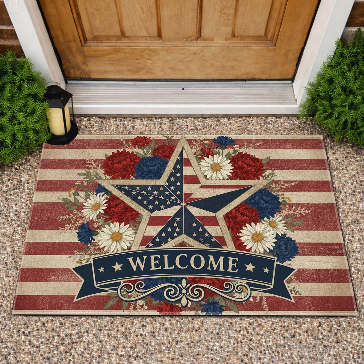 Distressed American Flag Welcome Banner Patriotic Floral - Independence Day Home Decor Doormat - 1