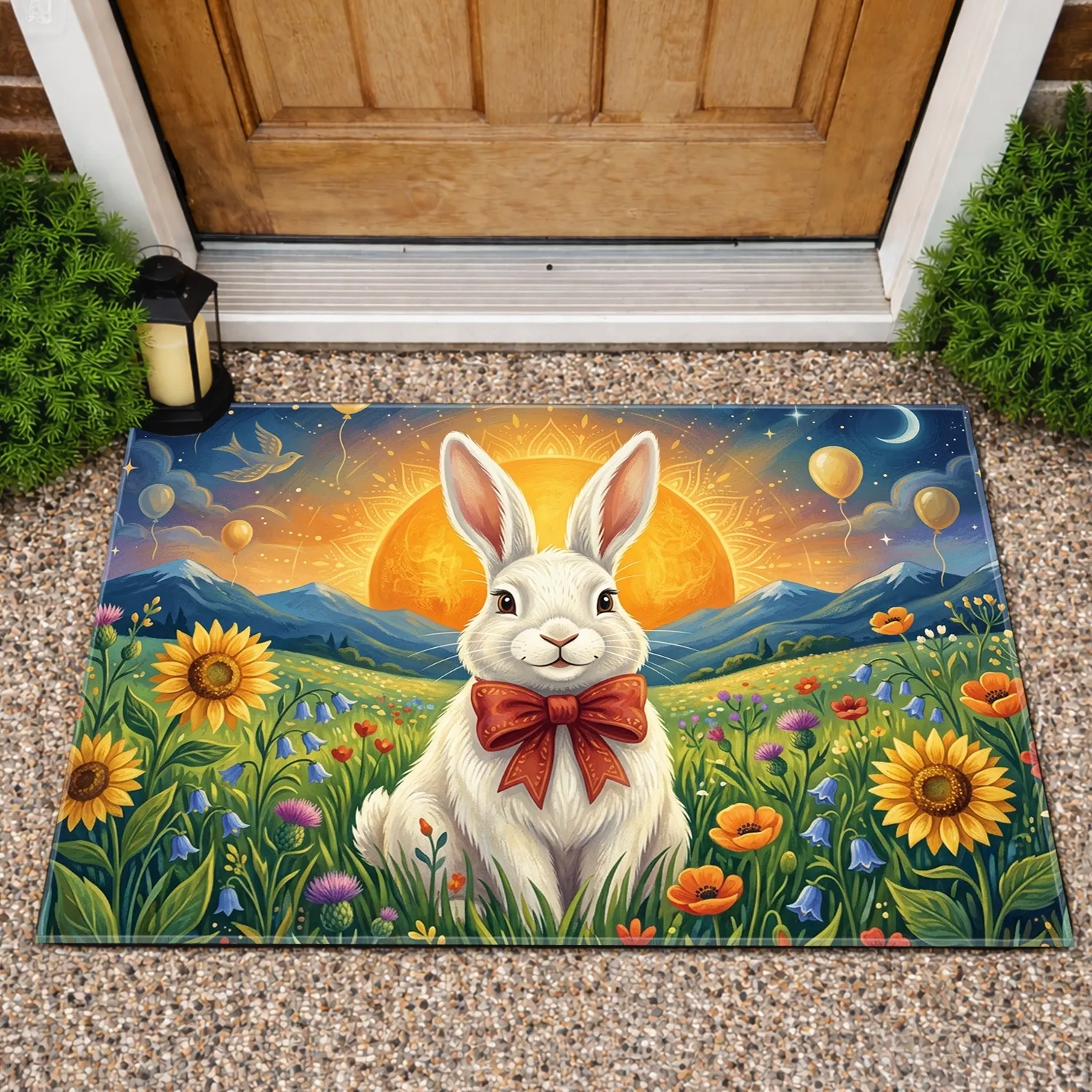 White Rabbit Sunflower Wildflower Field Golden Sun - Home Decor Gift for Rabbit Lovers Doormat - 1
